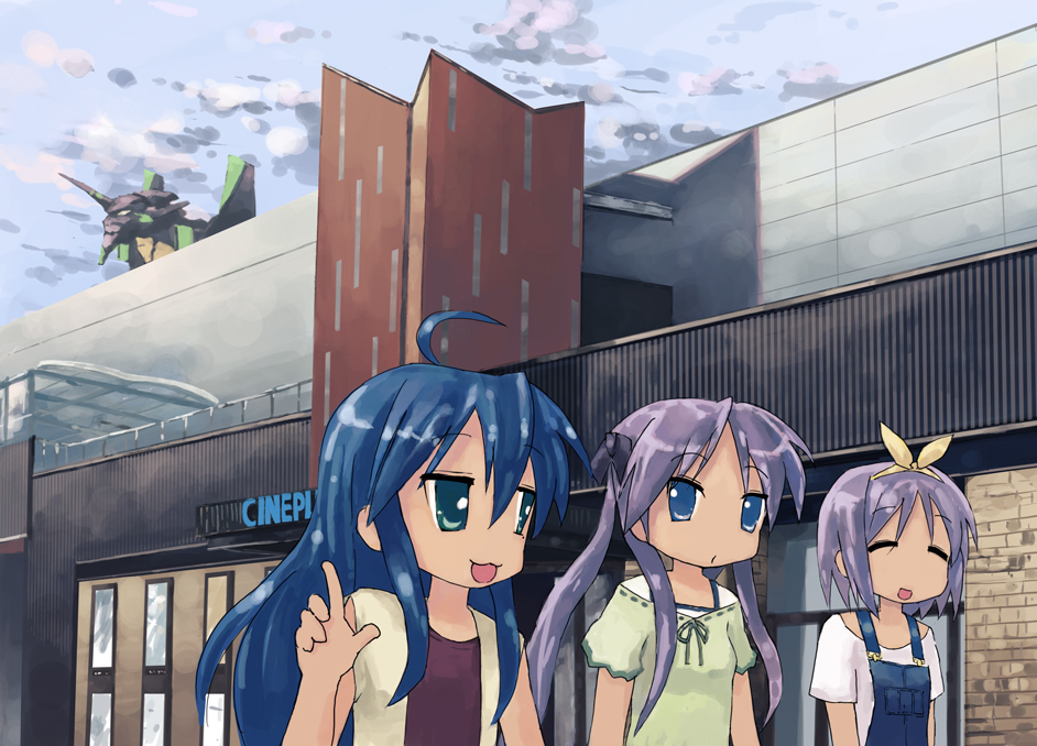 isou nagi, eva 01, hiiragi kagami, hiiragi tsukasa, izumi konata, lucky star, neon genesis evangelion, bad id, bad pixiv id, 00s, 3girls, = =, ahoge, blue eyes, blue hair, bow, building, casual, closed eyes, cloud, crossover, day, hair bow, hair ribbon, long hair, movie theater, multiple girls, pointing, purple eyes, purple hair, real world location, ribbon, short hair, siblings, sisters, sky, smile, tsurime, twins, twintails