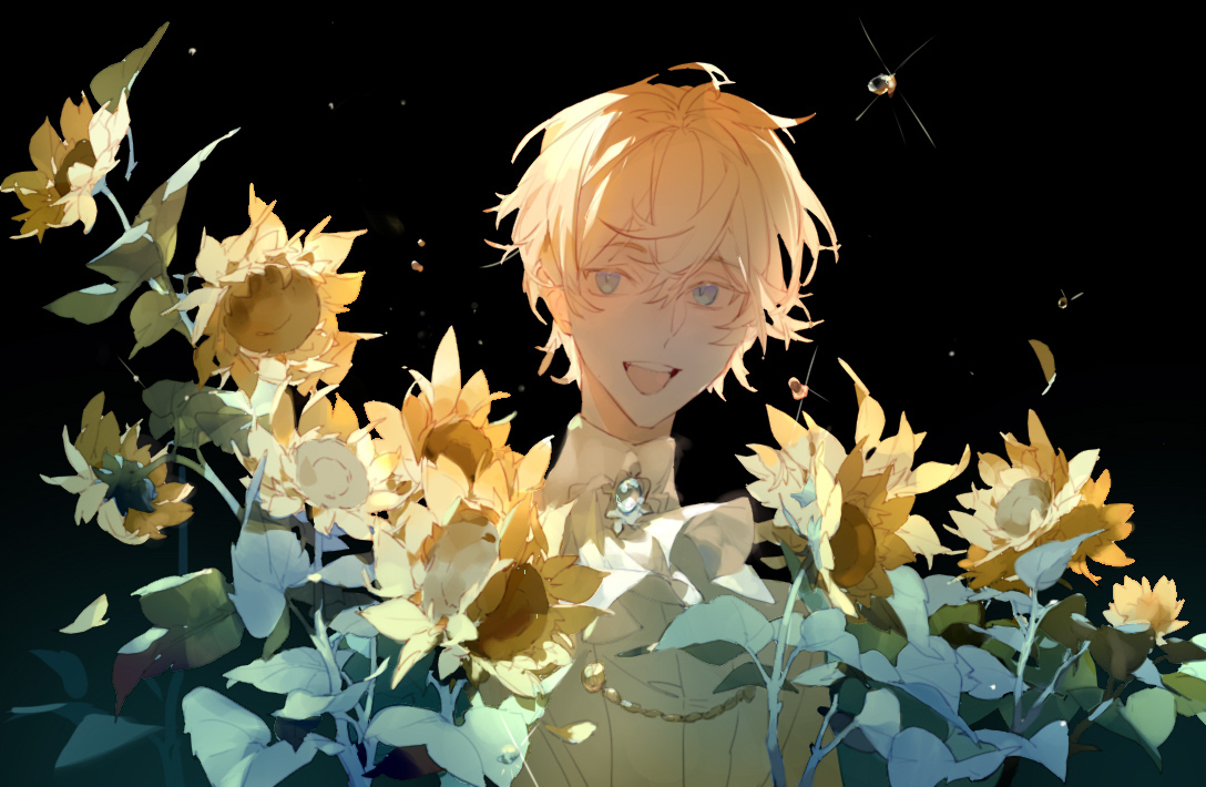 liulianjingrua, original, 1boy, ascot, black background, blonde hair, blue eyes, collared shirt, flower, gem, hair between eyes, jewelry, looking at viewer, male focus, open mouth, petals, shirt, short hair, simple background, smile, solo, sunflower, upper body, white ascot, white shirt, yellow flower