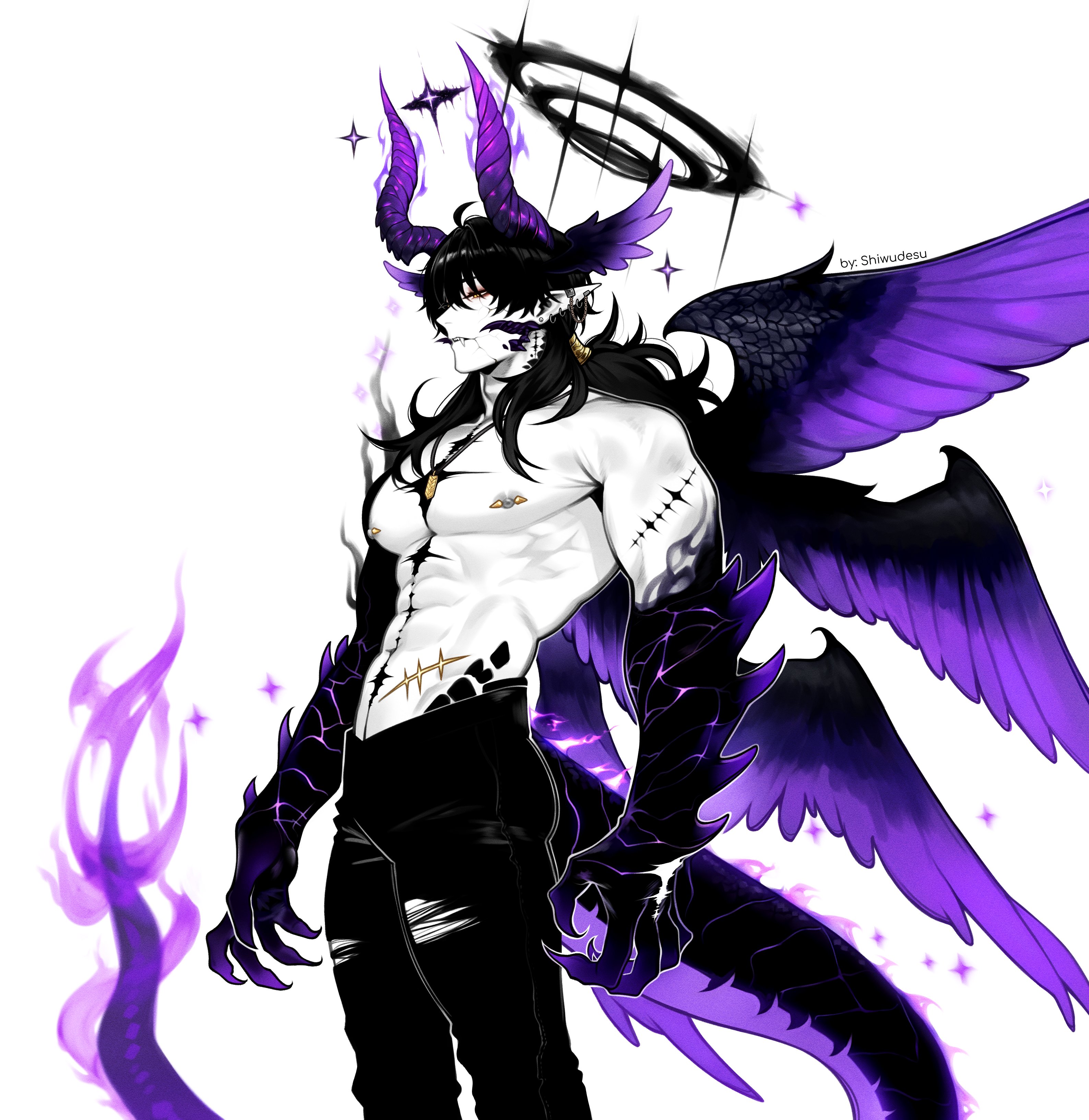 shiwudesu, male rover (wuthering waves), rover (wuthering waves), wuthering waves, absurdres, commentary, english commentary, highres, 1boy, abs, ahoge, alternate form, artist name, black hair, closed mouth, fangs, halo, head wings, horns, long hair, male focus, multiple piercings, multiple wings, muscular, muscular male, mutation, nipple piercing, pants, partially colored, piercing, pointy ears, purple horns, purple wings, simple background, solo, tacet mark (wuthering waves), tail, topless male, torn clothes, torn pants, white background, wings, yellow eyes