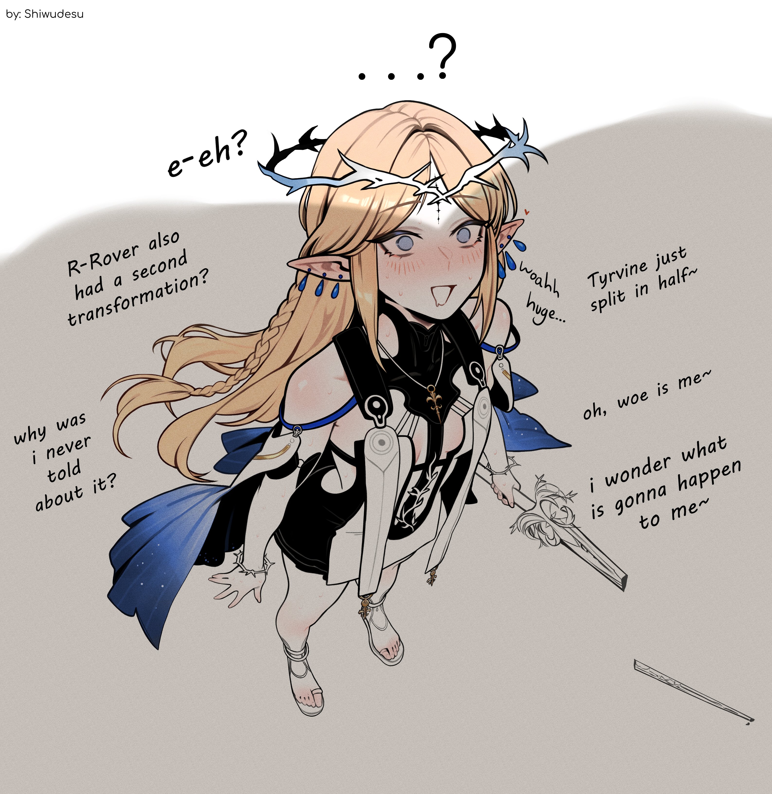 shiwudesu, cartethyia (wuthering waves), wuthering waves, absurdres, commentary, english commentary, highres, …?, 1girl, artist name, bare shoulders, black collar, black dress, blue eyes, blush, breasts, broken, broken sword, broken weapon, collar, crown of thorns, dress, drooling, earrings, english text, fleur-de-lis, from above, holding, holding sword, holding weapon, jewelry, long hair, looking up, multiple earrings, necklace, open mouth, parted bangs, pointy ears, sidelocks, small breasts, solo, standing, sword, tabard, tacet mark (wuthering waves), weapon, white tabard