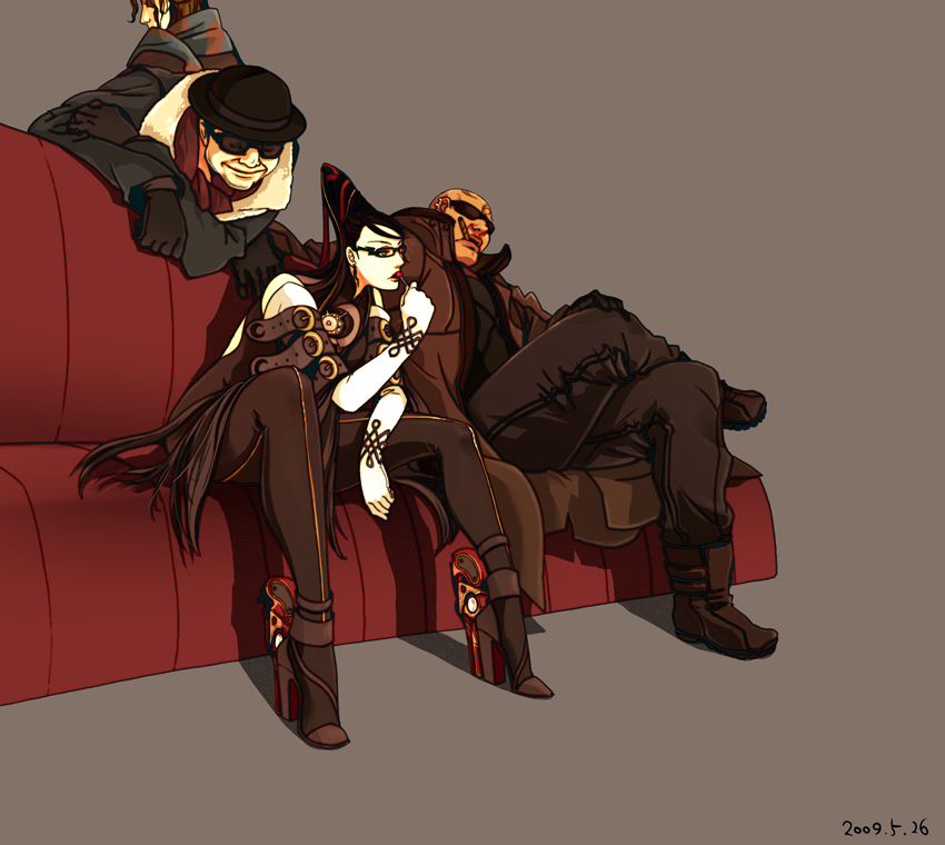 bayonetta, enzo, luka redgrave, rodin, bayonetta (series), bayonetta 1, artist request, 1girl, 3boys, black hair, boots, candy, dual wielding, food, glasses, gloves, gun, hat, high heels, holding, long hair, multiple boys, shoes, weapon