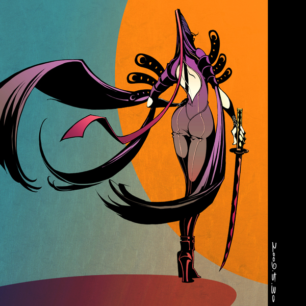 bayonetta, bayonetta (series), 1girl, ass, female focus, formal clothes, long hair, ribbon, solo, suit, sword, weapon