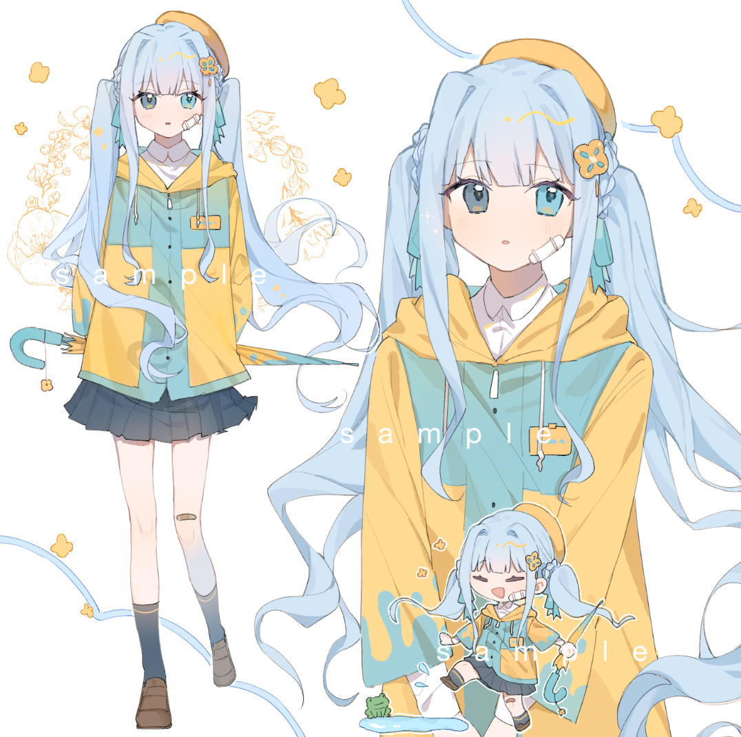 ame ame, original, 1girl, :d, bandaid, bandaid on knee, bandaid on leg, black socks, blue hair, blue skirt, blunt bangs, brown shoes, chibi, closed eyes, drawstring, full body, green eyes, hat, hood, hood down, hoodie, loafers, long hair, long sleeves, looking at viewer, multiple views, open mouth, parted lips, pleated skirt, sample watermark, shoes, simple background, skirt, smile, socks, standing, twintails, watermark, white background, yellow hat, yellow hoodie