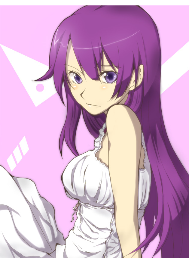 pochiko, senjougahara hitagi, bakemonogatari, monogatari (series), 00s, 1girl, blue eyes, breasts, dress, female focus, long hair, purple eyes, purple hair, sitting, solo