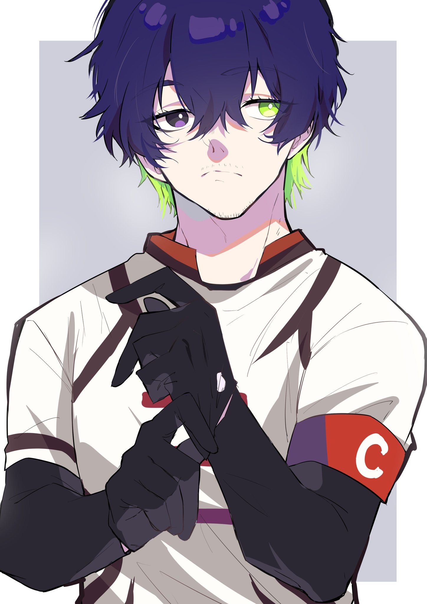 nekoma hikaru, oliver aiku, blue lock, commentary request, highres, 1boy, adjusting clothes, adjusting gloves, black gloves, border, closed mouth, eyelashes, facial hair, frown, gloves, goatee stubble, green eyes, hair between eyes, male focus, mustache stubble, purple eyes, shirt, short hair, solo, stubble, upper body, white border, white shirt