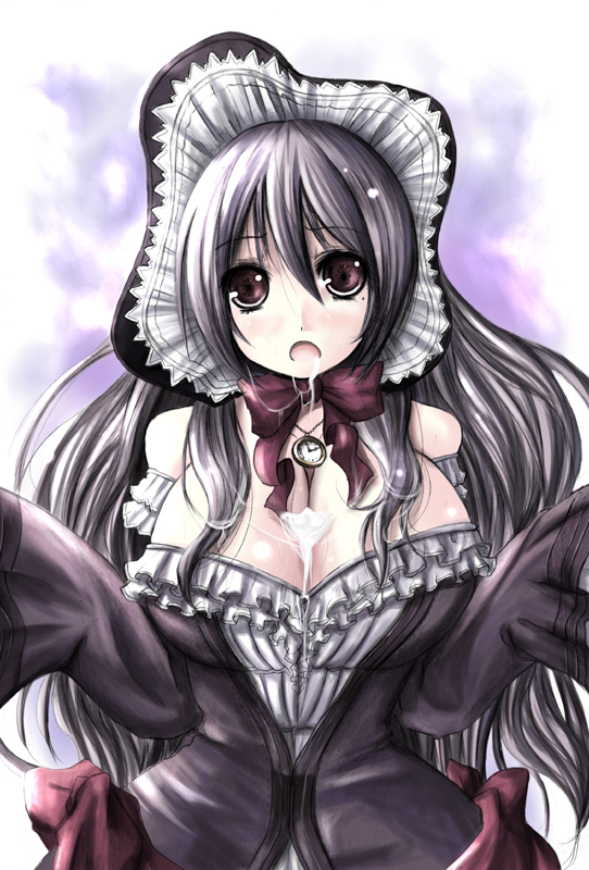 kurona, pamela ibis, atelier (series), atelier iris, atelier rorona, 1girl, breasts, cleavage, cum, female focus, hat, long hair, purple hair, ribbon, solo