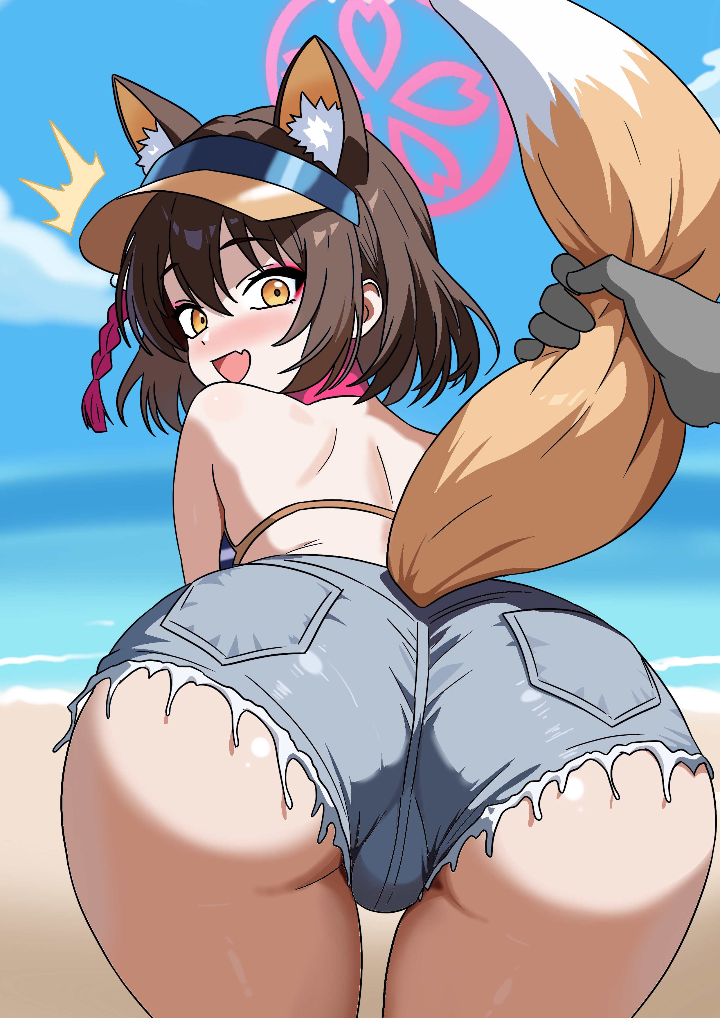 gubee, izuna (blue archive), izuna (swimsuit) (blue archive), blue archive, absurdres, commentary, highres, 1girl, animal ear fluff, animal ears, ass, beach, bent over, bikini, blue sky, blush, braid, brown hair, cowboy shot, cutoffs, fang, fox ears, fox girl, fox tail, from behind, grabbing another's tail, grey shorts, halo, looking at viewer, looking back, open mouth, outdoors, pink halo, pov, pov hands, short hair, short shorts, shorts, skin fang, sky, solo focus, striped bikini, striped clothes, swimsuit, tail, visor cap, yellow eyes