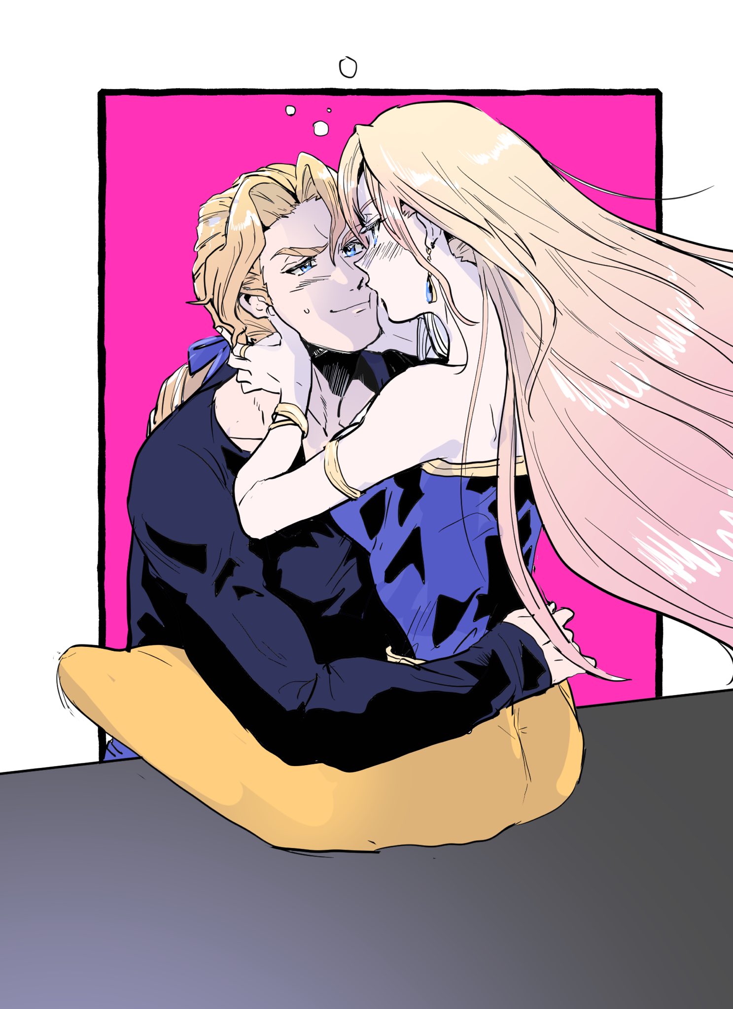 celes chere, edgar roni figaro, final fantasy, final fantasy vi, highres, 1boy, 1girl, bare shoulders, blonde hair, blue eyes, breasts, closed mouth, earrings, hands on another's face, jewelry, long hair, ponytail, smile