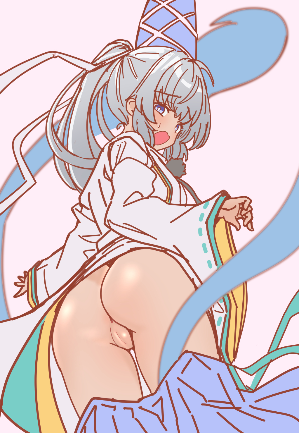 soara shimomo, mononobe no futo, touhou, commentary, highres, 1girl, ass, blue eyes, blue skirt, bright pupils, clothes down, embarrassed, flat color, from behind, grey hair, hat, long hair, long sleeves, looking at viewer, open mouth, pink background, pussy, ribbon-trimmed sleeves, ribbon trim, shirt, simple background, skirt, solo, sweatdrop, tate eboshi, turning head, uncensored, white pupils, white shirt, wide sleeves