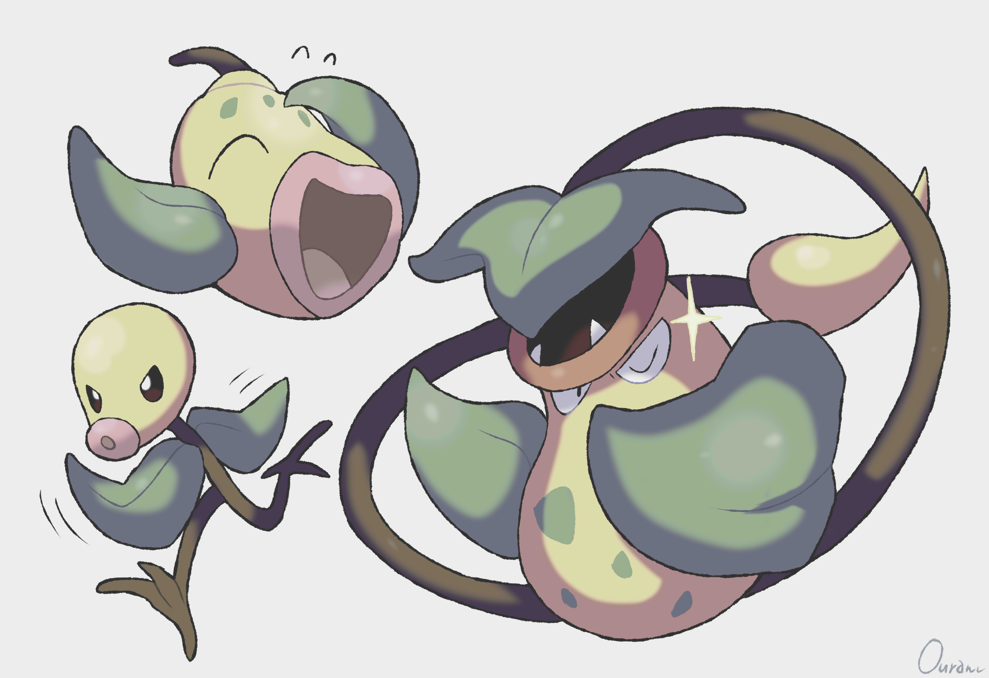 ouran, bellsprout, victreebel, weepinbell, nintendo, pokemon, absurdres, commentary request, highres, closed eyes, evolutionary line, fangs, full body, gen 1 pokemon, glint, grey background, laughing, leaf, motion lines, no humans, one eye closed, open mouth, pokemon (creature), pokemon focus, running, signature, simple background, smile