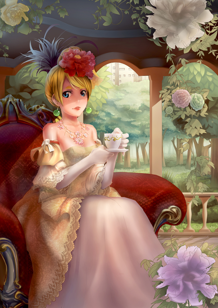 haoyuan, kotobuki tsumugi, k-on!, eyebrows, 00s, 1girl, bare shoulders, blonde hair, blue eyes, chair, cup, detached sleeves, dress, earrings, elbow gloves, female focus, flower, frills, gloves, gown, hair bun, hair flower, hair ornament, hair up, jewelry, single hair bun, solo, teacup, victorian