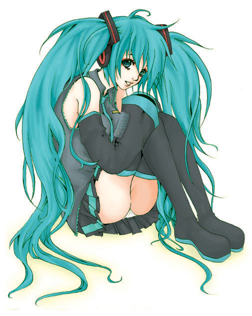 hyakkiya, hatsune miku, vocaloid, bad id, bad pixiv id, aqua eyes, aqua hair, boots, detached sleeves, headphones, long hair, messy hair, necktie, panties, pantyshot, sitting, skirt, solo, thigh boots, thighhighs, twintails, underwear, very long hair