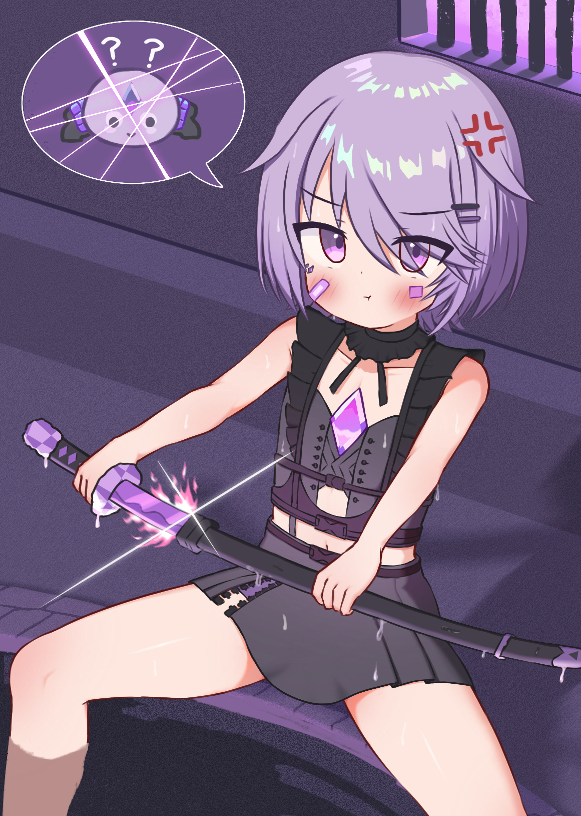 gba jasjas, koseki bijou, koseki bijou (casual), pebble (koseki bijou), hololive, hololive english, highres, 1girl, ?, bandaid, bandaid on face, blush, chest jewel, corset, detached collar, female focus, flat chest, frills, hair flaps, jewel under eye, looking at viewer, miniskirt, purple eyes, purple hair, sheath, short hair, sitting, skirt, spread legs, strap, sword, unsheathing, virtual youtuber, weapon, zipper