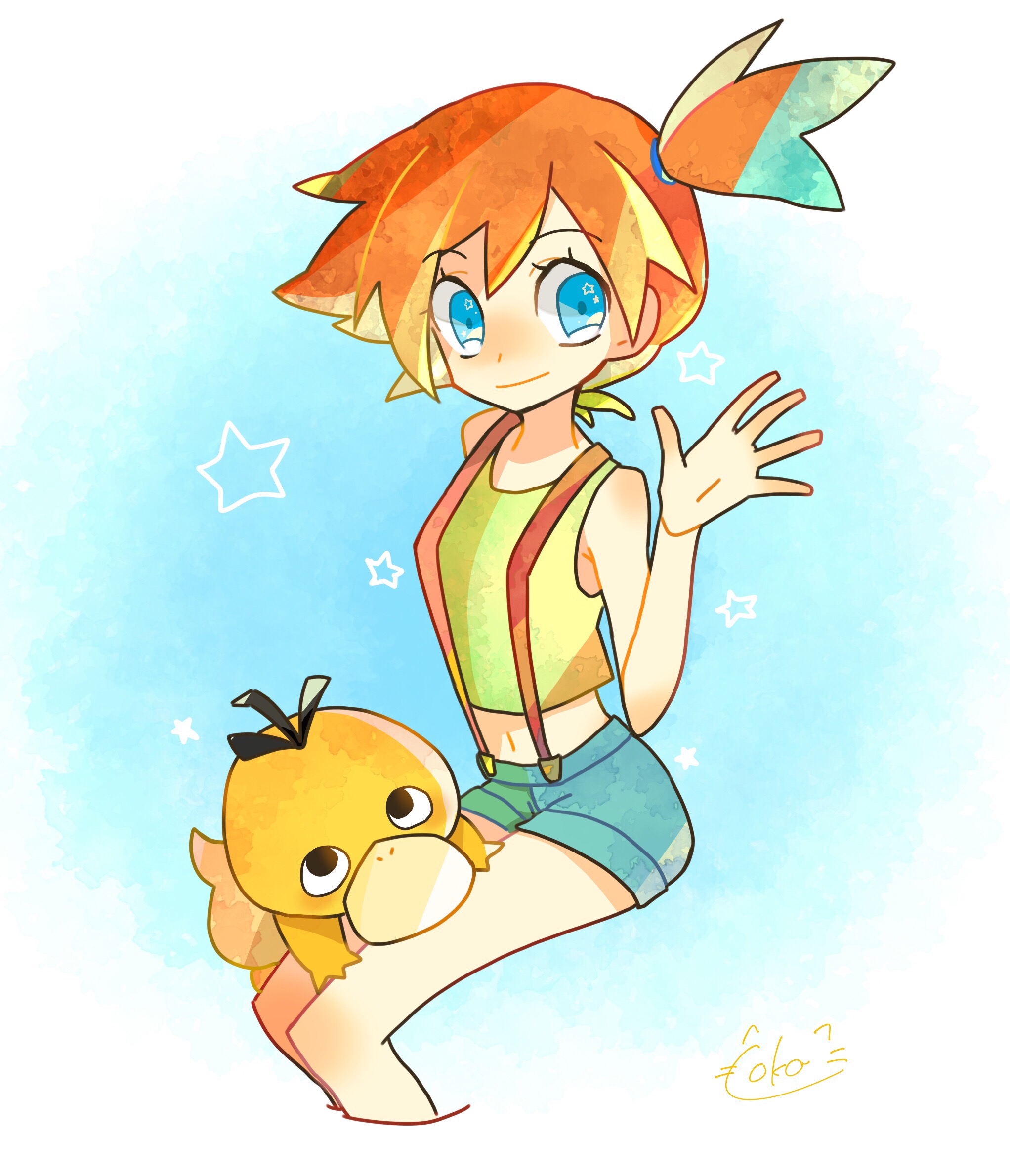 misty (pokemon), psyduck, nintendo, pokemon, pokemon (anime), pokemon (classic anime), pokemon rgby, 1girl, blue background, blue eyes, blue shorts, closed mouth, crop top, cropped legs, denim, denim shorts, gen 1 pokemon, hair tie, hand up, looking at viewer, midriff, navel, on lap, orange hair, pokemon (creature), ponytail, shirt, short hair, short shorts, shorts, side ponytail, sitting, sleeveless, sleeveless shirt, smile, star (symbol), suspender shorts, suspenders, waving, yellow shirt
