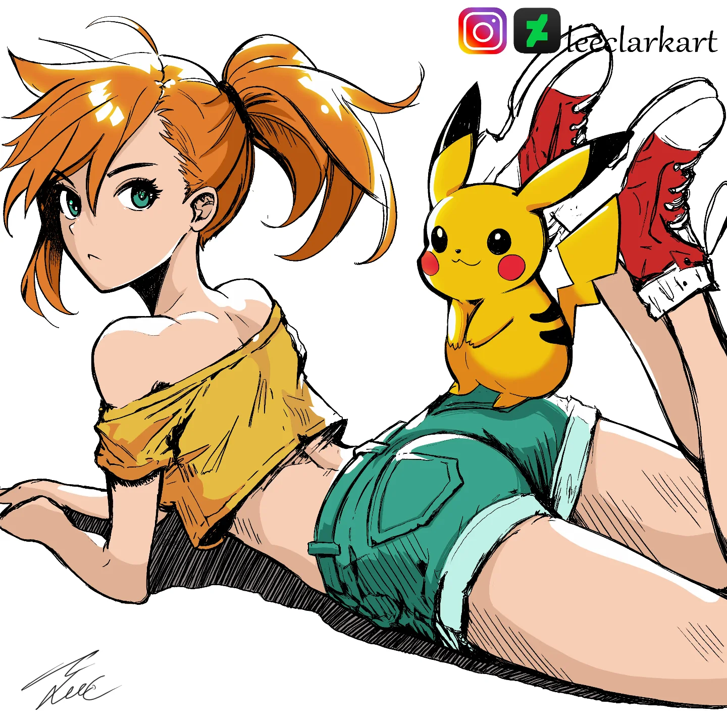 misty (pokemon), pikachu, nintendo, pokemon, pokemon (anime), pokemon (classic anime), pokemon rgby, 1girl, :<, aqua shorts, artist name, ass, bare shoulders, closed mouth, crop top, cropped shirt, denim, denim shorts, feet up, gen 1 pokemon, green eyes, green shorts, hair between eyes, instagram logo, leeclarkart, looking at viewer, looking back, lying, midriff, off-shoulder shirt, off shoulder, on stomach, orange hair, patreon logo, pokemon (creature), ponytail, shirt, shoelaces, shoes, short shorts, shorts, side ponytail, simple background, sneakers, the pose, twitter logo, white background, yellow shirt