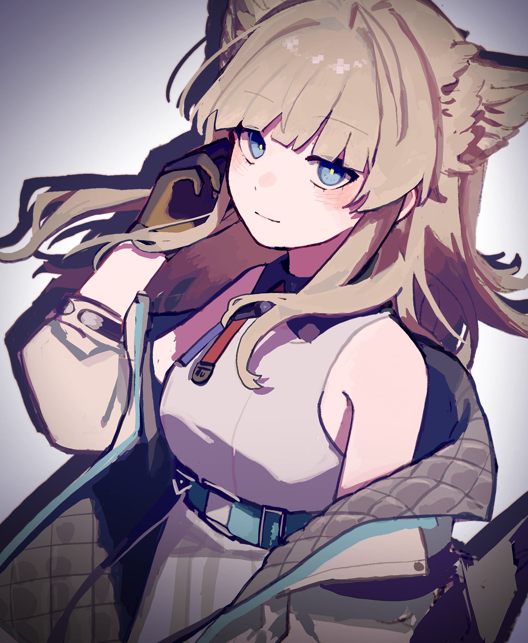 coffee toranpu, perlica (arknights), arknights, arknights: endfield, commentary request, highres, 1girl, animal ears, bare shoulders, belt, black gloves, black jacket, blue belt, blue eyes, bright pupils, brown hair, closed mouth, dress, drop shadow, gloves, grey background, grey dress, grey jacket, hand in own hair, high belt, jacket, light smile, long hair, looking at viewer, sleeveless, sleeveless dress, solo, two-sided fabric, two-sided jacket, upper body, white pupils