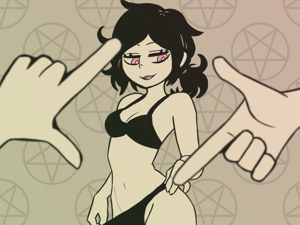 ashley graves, the coffin of andy and leyley, 1girl, black bra, black hair, black panties, bra, breasts, cleavage, panties, panty pull, pentagram, pink eyes, simple background, underwear