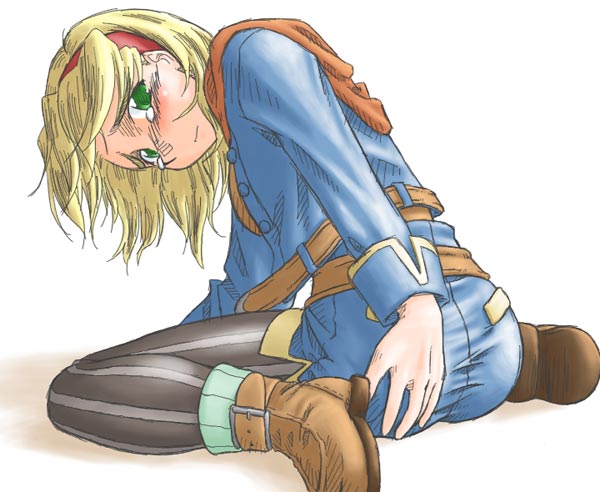 jon shicchiou, cecilia lynne adelhyde, wild arms, wild arms 1, 1girl, ass, belt, black pantyhose, blush, female focus, gloves, green eyes, hairband, hand on own ass, jacket, miniskirt, pantyhose, red hairband, short hair, sitting, skirt, solo, striped clothes, striped pantyhose, tears, vertical-striped clothes, vertical-striped pantyhose, wariza, white background