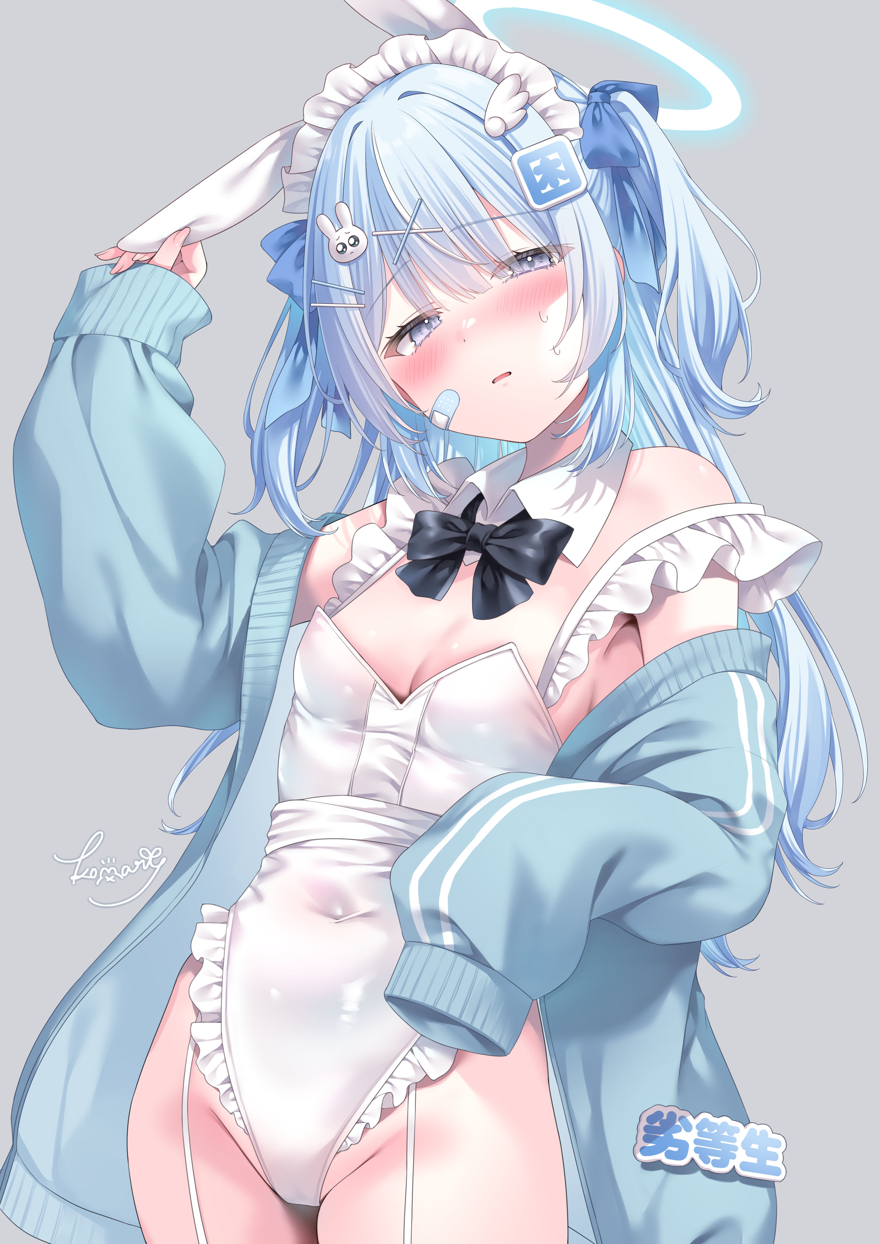 kmr 7m, original, absurdres, highres, 1girl, animal ears, bandaid, bandaid on face, bare shoulders, blue hair, blue jacket, blush, grey background, hair ornament, halo, jacket, long hair, long sleeves, looking at viewer, navel, off shoulder, solo, thighs