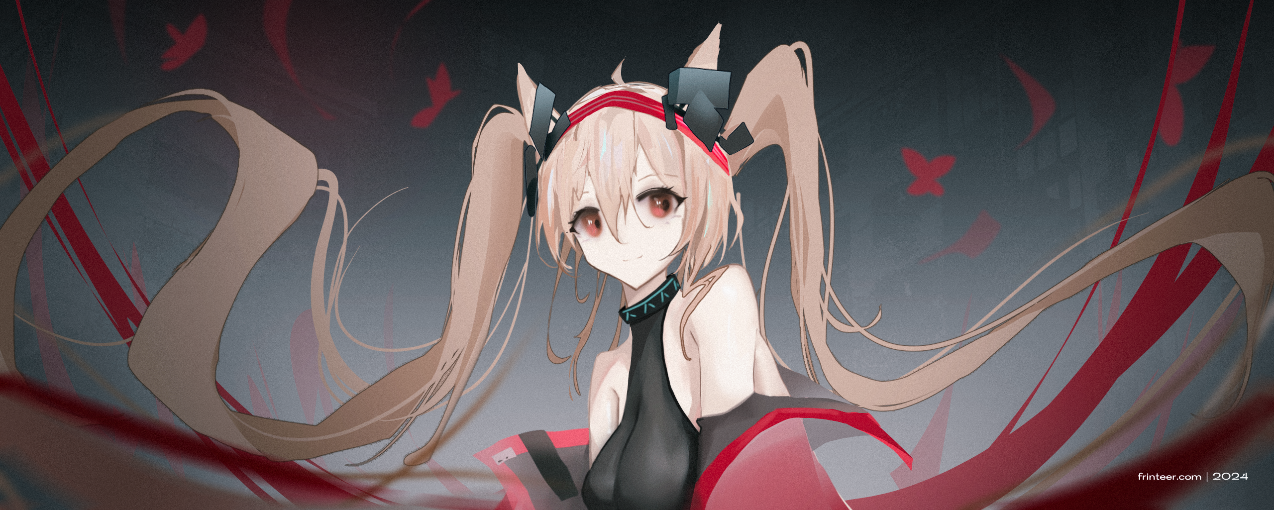 frinteer, angelina (arknights), angelina (distinguished visitor) (arknights), infection monitor (arknights), arknights, commentary, highres, 1girl, 2024, absurdly long hair, alternate breast size (larger), animal ears, artist name, bare shoulders, black collar, black leotard, breasts, brown hair, city, clothes down, coat, collar, film grain, floating hair, fox ears, hair between eyes, hairband, headgear, impossible clothes, impossible leotard, large breasts, leotard, long hair, looking at viewer, official alternate costume, open clothes, open coat, red coat, red eyes, red hairband, smile, solo, twintails, upper body, very long hair