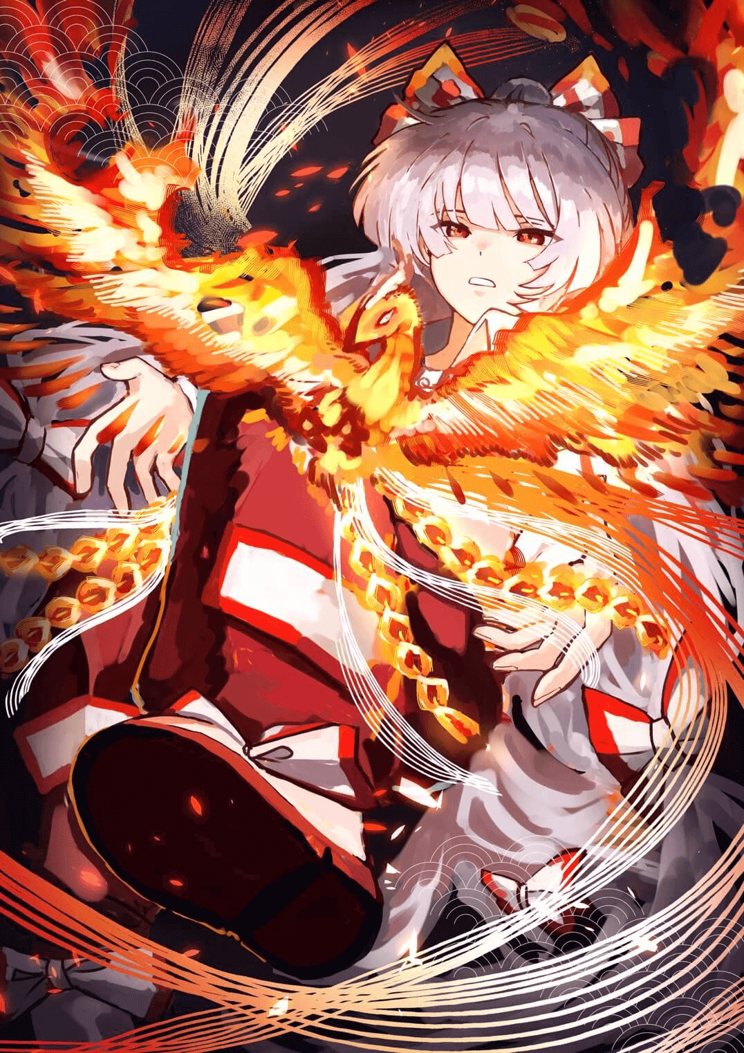 fujiwara no mokou, touhou, commentary request, highres, second-party source, 1girl, bird, black background, bow, collared shirt, fiery wings, fingernails, fire, full body, grey hair, hair bow, knee up, long hair, ofuda, ofuda on clothes, open mouth, outstretched arms, pants, phoenix, red eyes, red pants, red shoes, shirt, shoes, solo, uribo2060, very long hair, white bow, white shirt, wings
