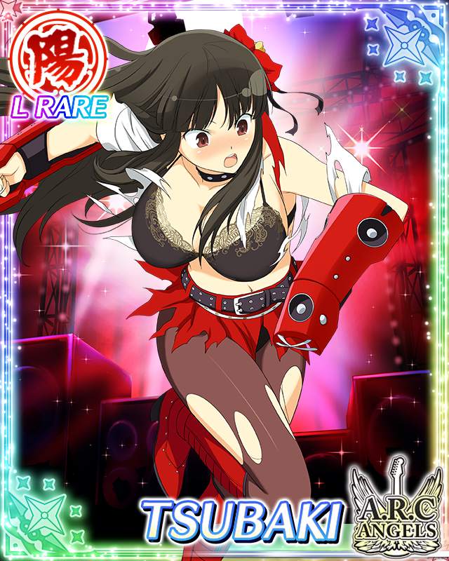 tsubaki (senran kagura), senran kagura, senran kagura new wave, game cg, official art, 1girl, :o, black bra, black hair, black pantyhose, blush, boots, border, bra, breasts, card (medium), character name, cleavage, english text, gauntlets, hime cut, lace trim, large breasts, long hair, looking at viewer, looking down, official alternate costume, pantyhose, red boots, red eyes, shirt, skirt, solo, speaker, studded choker, torn clothes, torn pantyhose, torn shirt, torn skirt, underwear, weaponized instrument