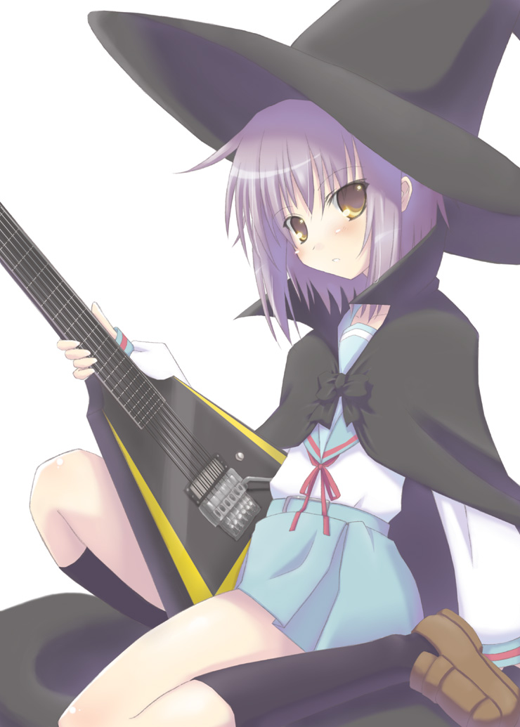 maririn, nagato yuki, suzumiya haruhi no yuuutsu, 00s, cape, electric guitar, gibson flying v, guitar, hat, instrument, kneehighs, purple hair, school uniform, serafuku, short hair, skirt, socks, solo, witch hat, yellow eyes