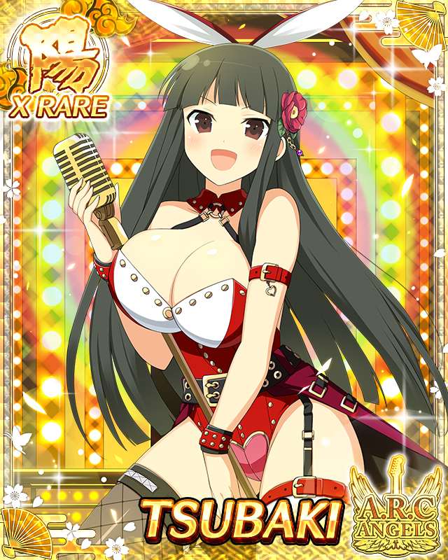 tsubaki (senran kagura), idolmaster, idolmaster cinderella girls, idolmaster cinderella girls starlight stage, senran kagura, senran kagura new wave, game cg, official art, 1girl, :d, animal ear hairband, animal ears, armband, black hair, border, breasts, card (medium), character name, cleavage, covered navel, detached collar, english text, fake animal ears, fishnet thighhighs, fishnets, flower, hair flower, hair ornament, hairband, highleg, highleg leotard, hime cut, large breasts, leotard, long hair, looking at viewer, microphone, microphone stand, official alternate costume, open mouth, playboy bunny, rabbit ear hairband, rabbit ears, red eyes, red flower, red leotard, smile, solo, strapless, strapless leotard, thighhighs