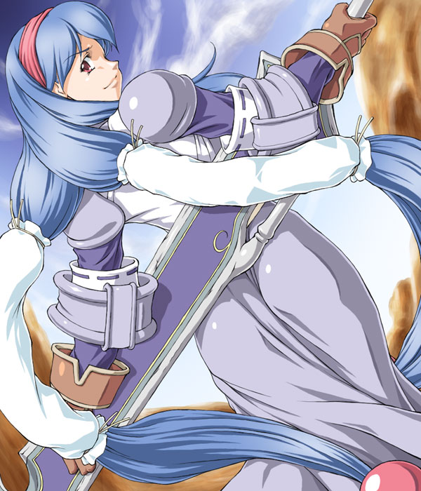 jon shicchiou, anastasia valeria, wild arms, wild arms 2, 1girl, armor, armored dress, ass, blue hair, day, dress, dutch angle, female focus, from behind, gloves, hair ornament, hairband, huge weapon, long hair, looking back, outdoors, red eyes, red hairband, sky, smile, solo, sphere hair ornament, sword, twintails, very long hair, weapon