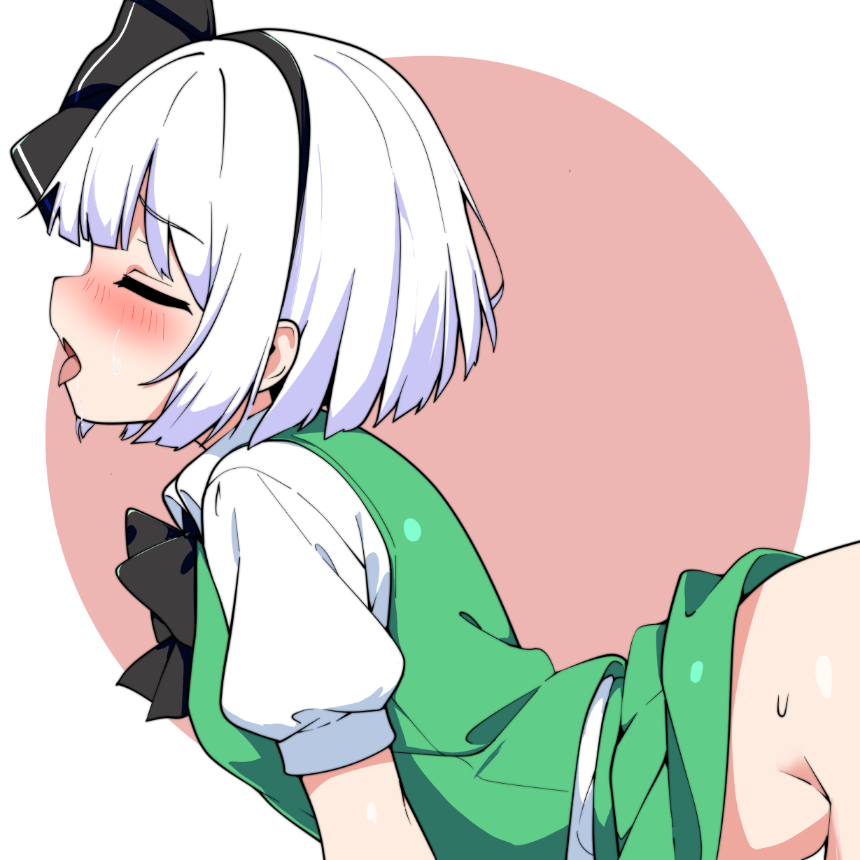 new kamiyan, konpaku youmu, simple series, touhou, commentary request, highres, partial commentary, 1girl, ahegao, black bow, black bowtie, black hairband, blush, bow, bowtie, closed eyes, collared shirt, from side, green vest, hairband, implied sex, open mouth, profile, puffy short sleeves, puffy sleeves, shirt, short hair, short sleeves, solo, tongue, tongue out, vest, white hair, white shirt