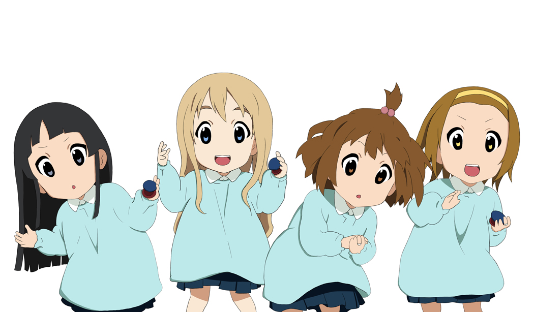 32, akiyama mio, hirasawa yui, kotobuki tsumugi, tainaka ritsu, k-on!, bad id, bad pixiv id, 00s, 4girls, aged down, black hair, blonde hair, blunt bangs, brown hair, castanets, hair bobbles, hair ornament, hairband, hime cut, ho-kago tea time, instrument, kindergarten, kindergarten uniform, long hair, looking at viewer, multiple girls, no nose, open mouth, school uniform, short hair, simple background, skirt, smile, un tan, white background