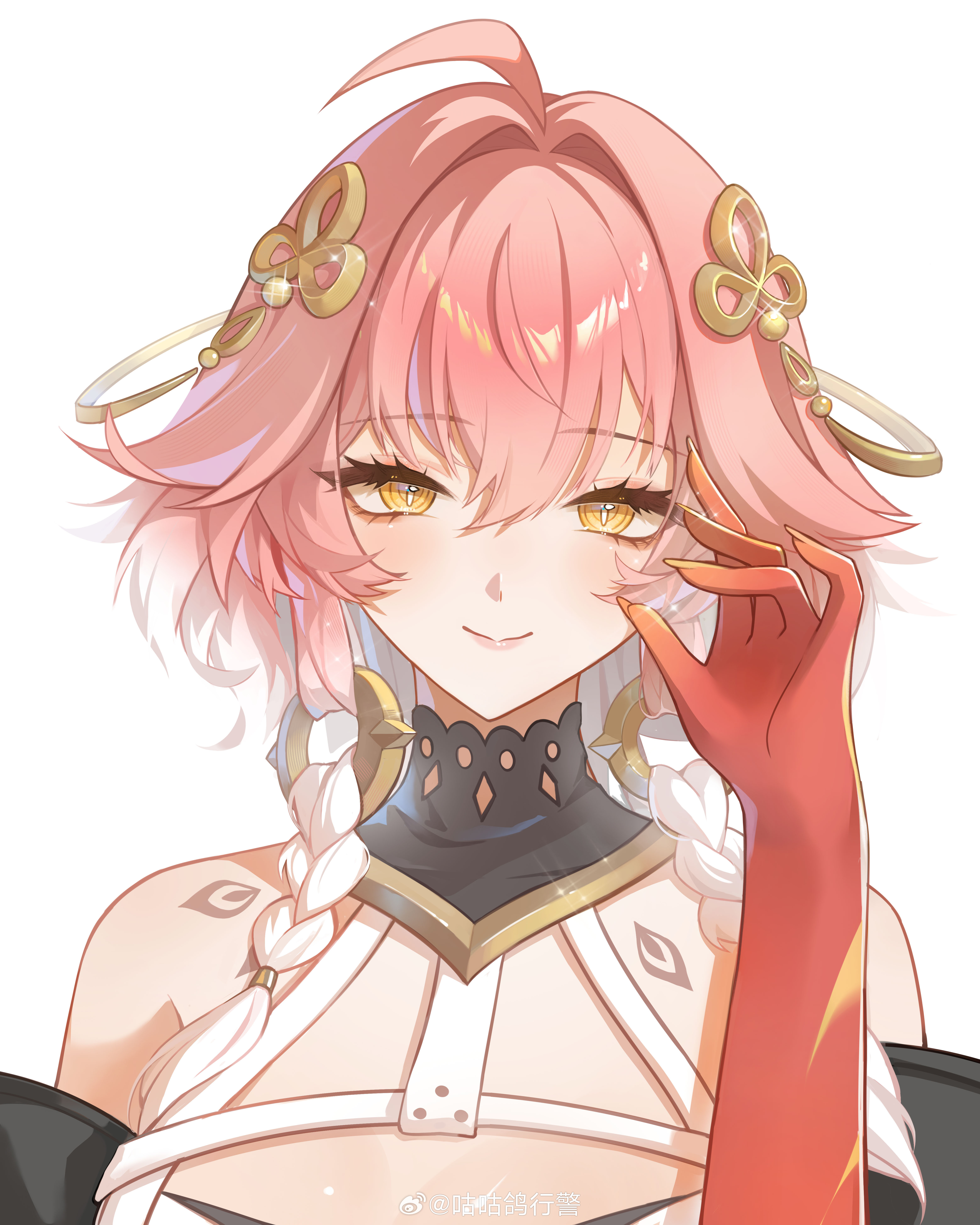 guguge, changli (wuthering waves), wuthering waves, absurdres, highres, 1girl, ahoge, bare shoulders, black collar, body markings, braid, closed mouth, collar, colored extremities, fingernails, hair extensions, hair intakes, hair ornament, hand up, looking at viewer, multicolored hair, pink hair, red hands, ring hair extensions, simple background, smile, solo, twin braids, two-tone hair, white background, white hair, yellow eyes