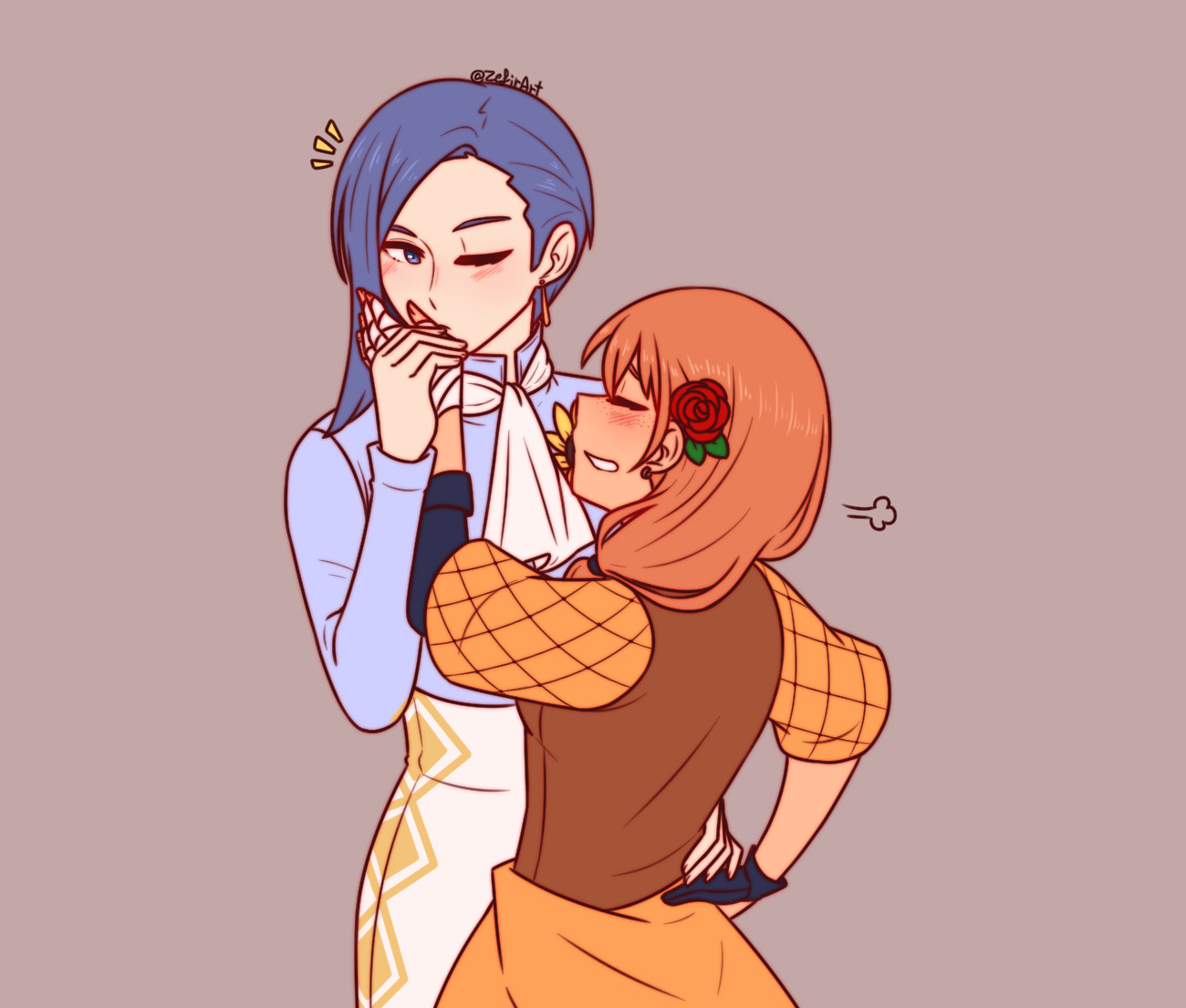 leonie pinelli, lorenz hellman gloucester, fire emblem, fire emblem: three houses, nintendo, 1boy, 1girl, flower, kiss, kissing hand, orange hair, purple hair, red flower, red rose, rose