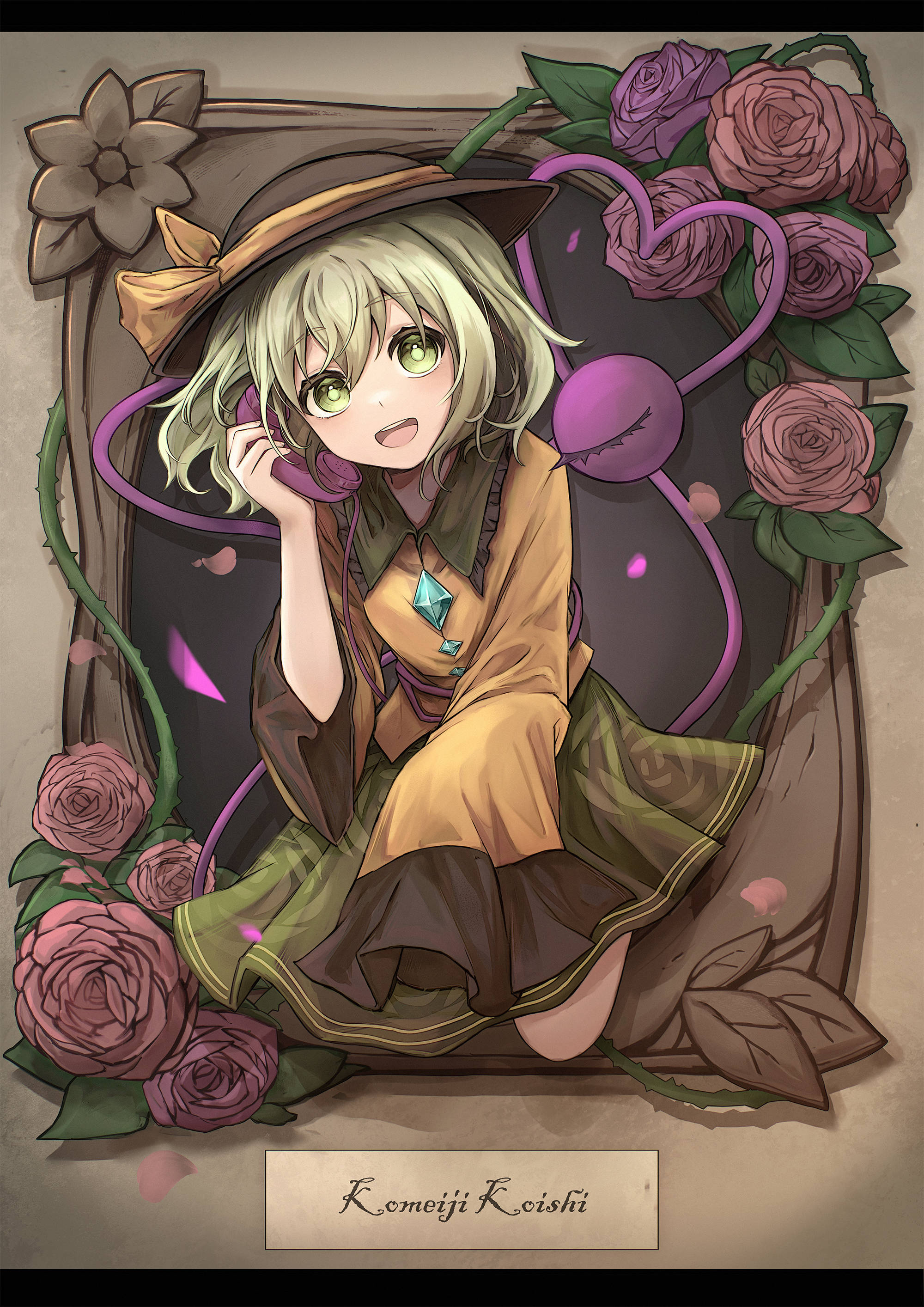 komeiji koishi, touhou, absurdres, artist request, commentary request, highres, second-party source, 1girl, :d, black hat, bow, brown background, buttons, character name, collar, diamond button, floral print, floral print skirt, flower, frilled shirt collar, frills, green collar, green eyes, green hair, green skirt, hat, hat bow, holding, holding phone, long sleeves, medium hair, open mouth, phone, picture frame, pink flower, pink rose, plant, plaque, print skirt, rose, shirt, single sleeve past fingers, skirt, smile, solo, teeth, third eye, thorns, through medium, through painting, touhou project exhibition: harajuku gensoukyou 2025 official, upper teeth only, vines, yellow bow, yellow shirt