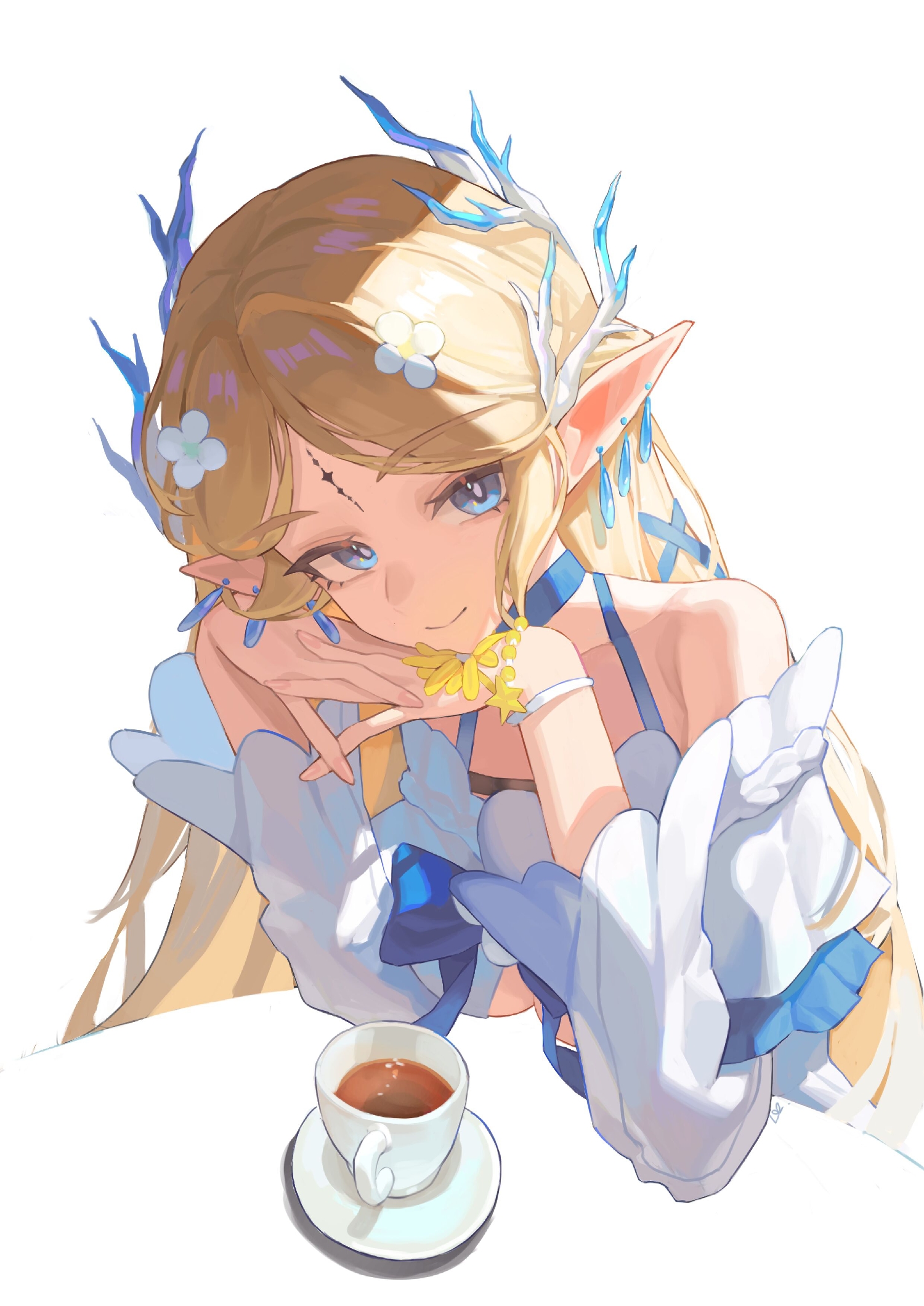 cartethyia (wuthering waves), wuthering waves, highres, 1girl, bare shoulders, blonde hair, blue eyes, breasts, closed mouth, coffee mug, cup, earrings, hair ornament, head rest, interlocked fingers, jewelry, long hair, longmaototoro, looking at viewer, medium breasts, mug, multiple earrings, official alternate costume, parted bangs, pointy ears, simple background, smile, solo, tacet mark (wuthering waves), upper body, white background
