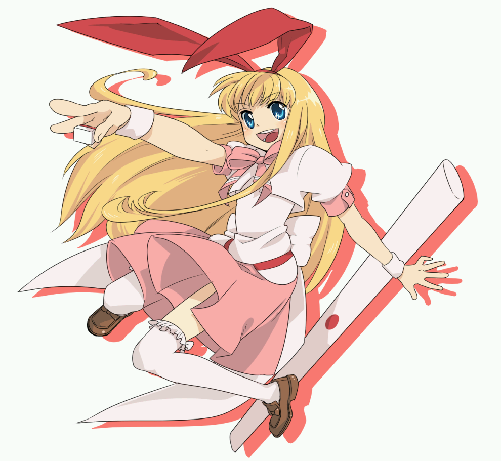 aarue, amae koromo, saki (manga), bad id, bad pixiv id, 00s, 1girl, blonde hair, blue eyes, board game, bow, female focus, hairband, holding, holding mahjong tile, long hair, mahjong, mahjong tile, skirt, solo, tenbou, thighhighs, wristband