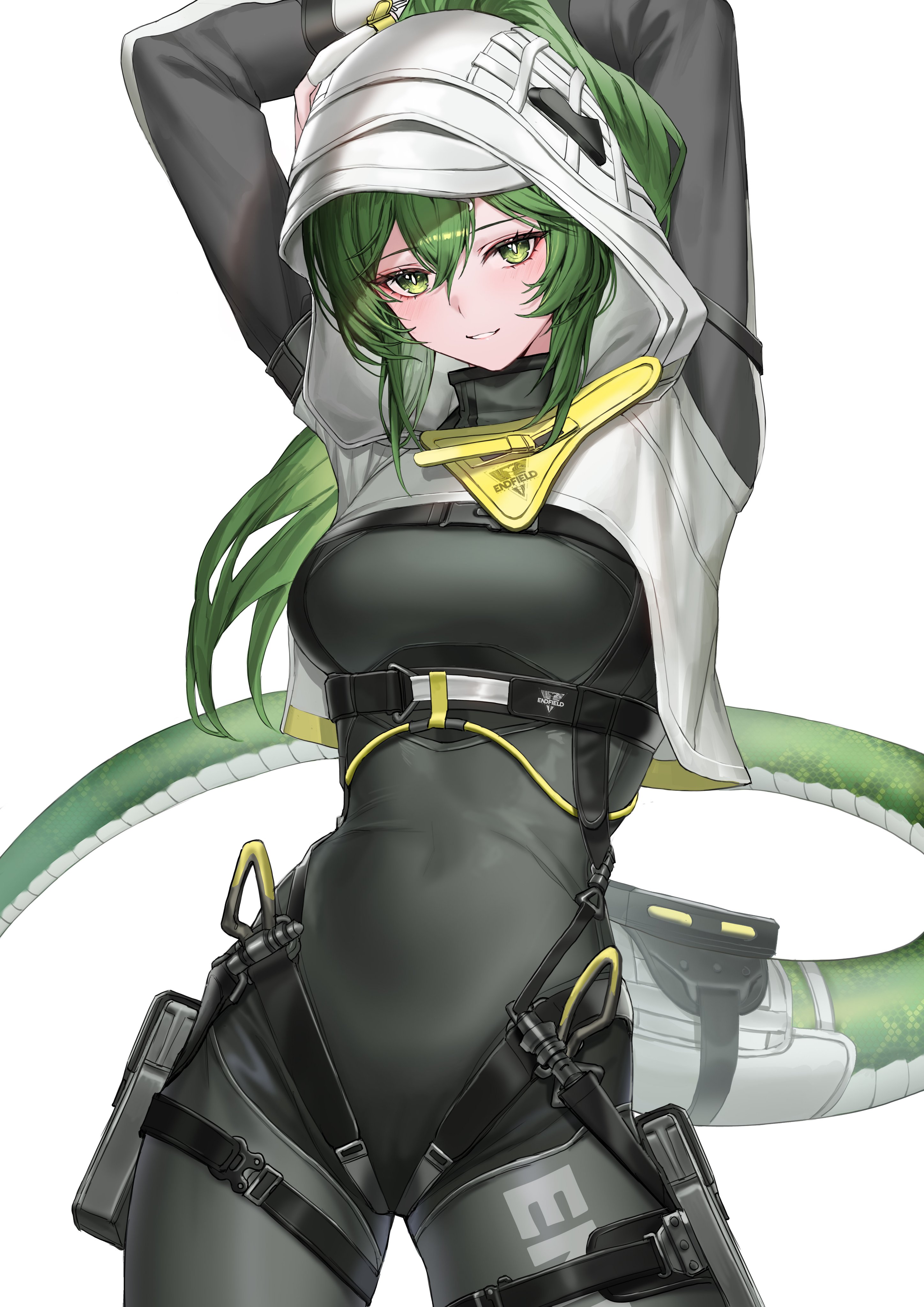 molyb, arknights, arknights: endfield, absurdres, commentary, highres, symbol-only commentary, 1girl, arms up, black bodysuit, bodysuit, breasts, cowboy shot, endfield industries logo, fluorite (arknights), green eyes, green hair, hair between eyes, hair through hood, hood, hooded shrug, impossible bodysuit, impossible clothes, long hair, looking at viewer, medium breasts, parted lips, ponytail, shrug (clothing), simple background, smile, snake tail, solo, tail, white background, white shrug