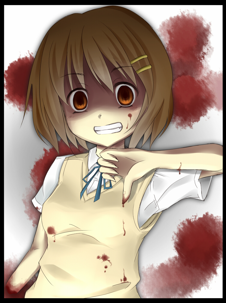 ahirun, hirasawa yui, k-on!, bad id, bad pixiv id, 00s, 1girl, amputee, blood, brown eyes, brown hair, crazy eyes, female focus, grin, hair ornament, hairclip, scared, school uniform, short hair, smile, solo, sweater vest, thumbs down, yandere
