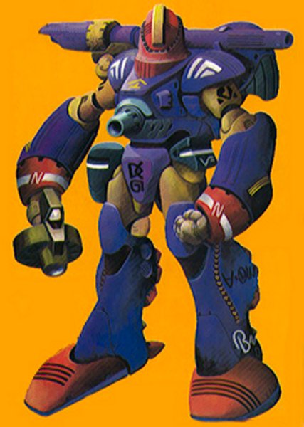 miyatake kazutaka, nousjadeul-ger, zentradi, choujikuu yousai macross, macross, 1980s (style), non-web source, promotional art, scan, traditional media, translated, alien, armor, battle, flemenmik, formal clothes, gun, mecha, no humans, oldschool, power armor, power suit, production art, retro artstyle, robot, science fiction, simple background, solo, weapon