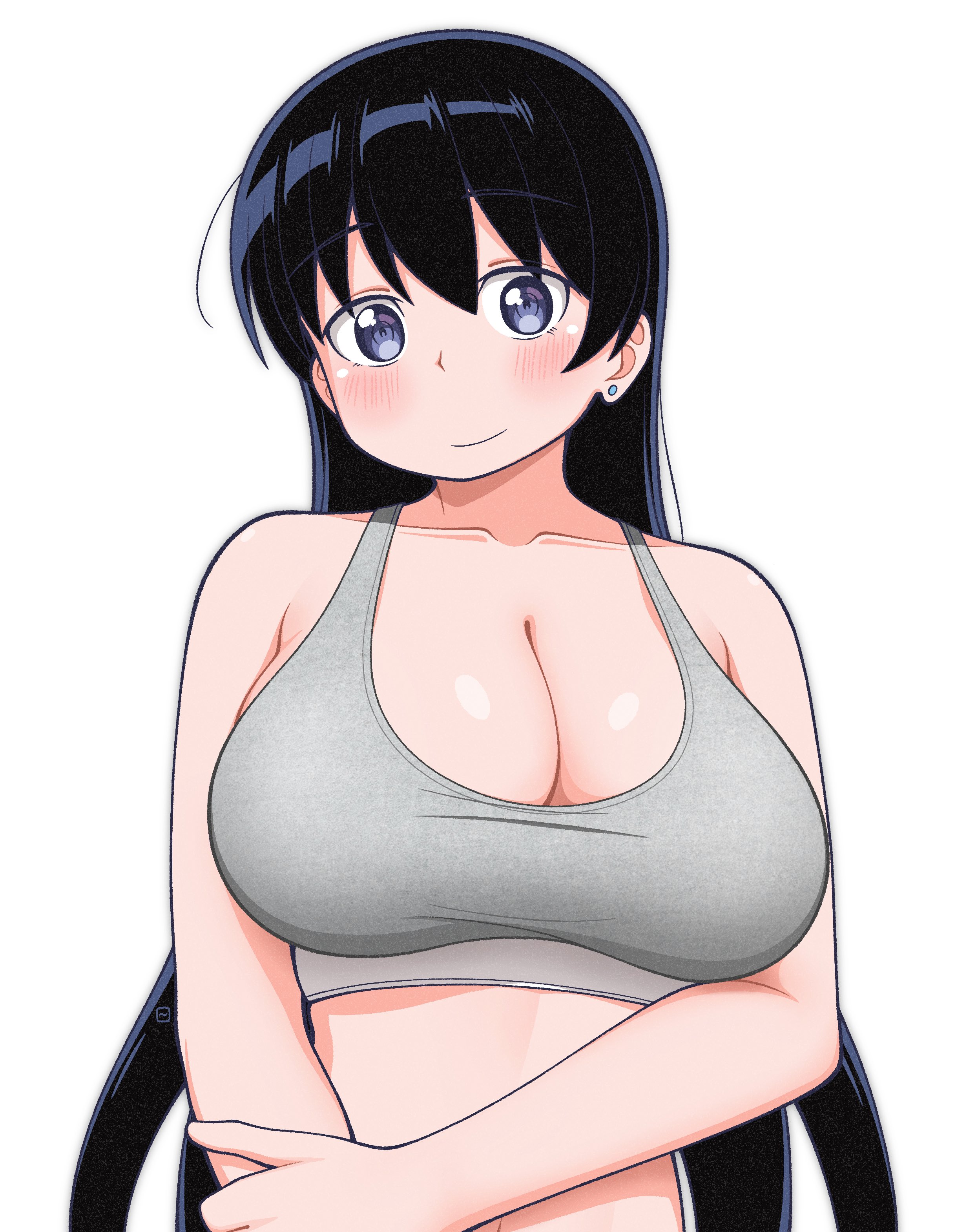 dokadayo, arato nagi, ruri no houseki, absurdres, highres, 1girl, black hair, blue eyes, blush, breasts, cleavage, collarbone, earrings, hand on own arm, jewelry, large breasts, long hair, looking at viewer, simple background, smile, solo, sports bra, stud earrings, upper body, white background
