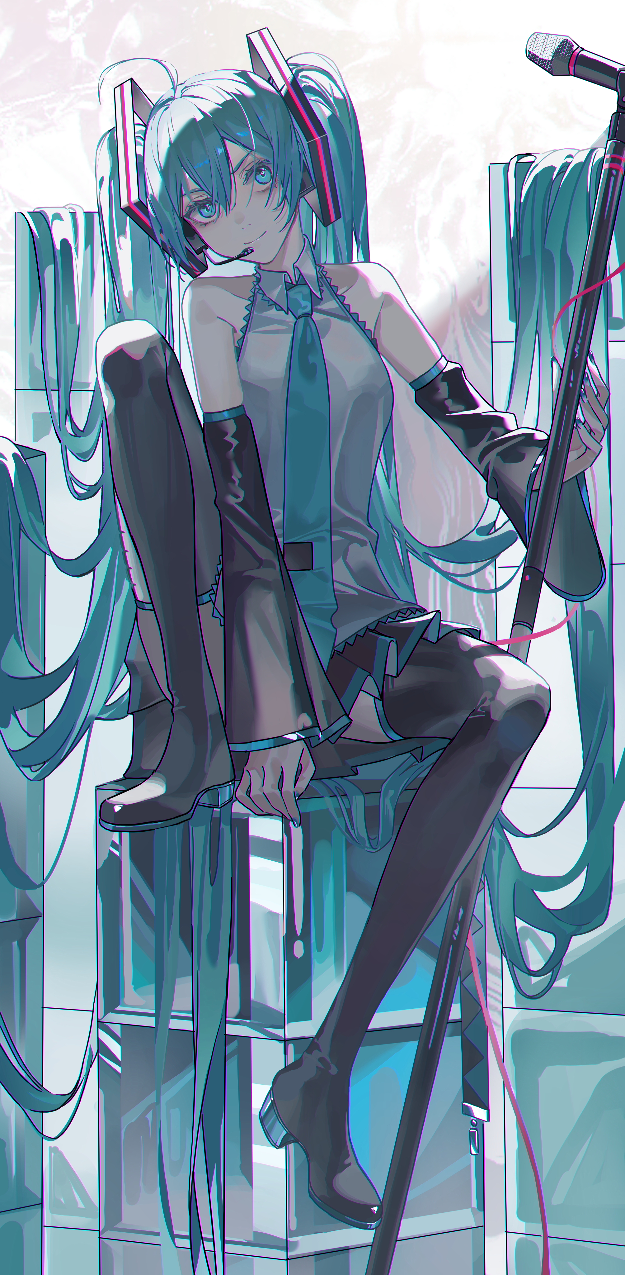 rong kui baku, hatsune miku, vocaloid, absurdres, commentary request, highres, 1girl, ahoge, aqua eyes, aqua hair, aqua necktie, aqua trim, arm tattoo, armpit crease, black skirt, blush, breasts, closed mouth, collared shirt, detached sleeves, grey shirt, hair between eyes, hair ornament, holding, holding microphone stand, long hair, long sleeves, looking at viewer, medium breasts, microphone, microphone stand, miniskirt, necktie, pleated skirt, shirt, sitting, skirt, sleeveless, sleeveless shirt, smile, solo, tattoo, twintails, very long hair, wide sleeves