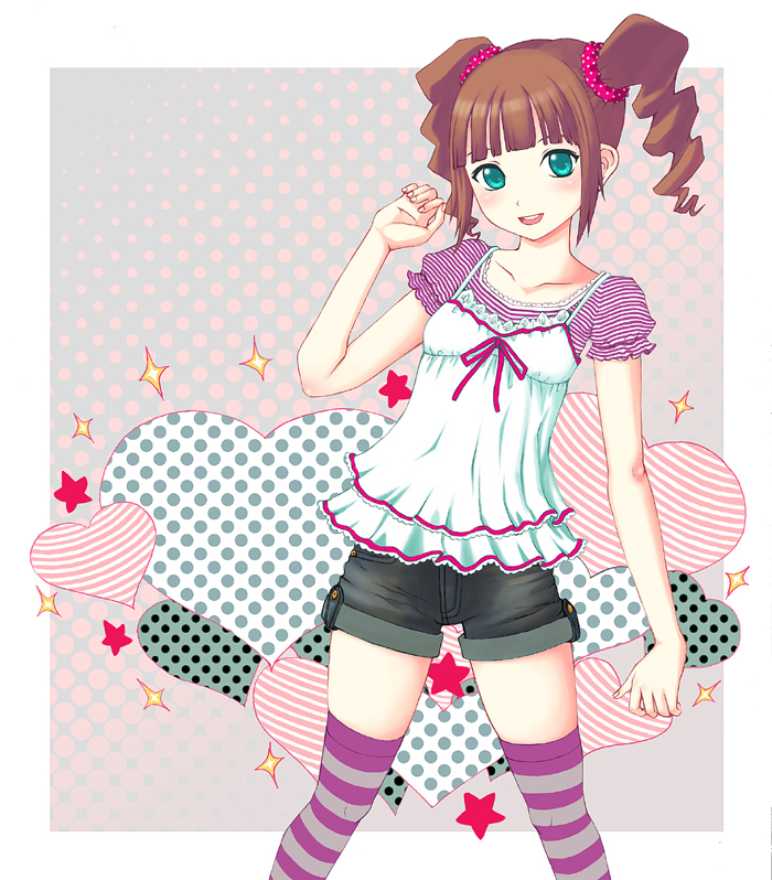 neuron (exceed), takatsuki yayoi, idolmaster, idolmaster (classic), 00s, brown hair, green eyes, solo, thighhighs, twintails