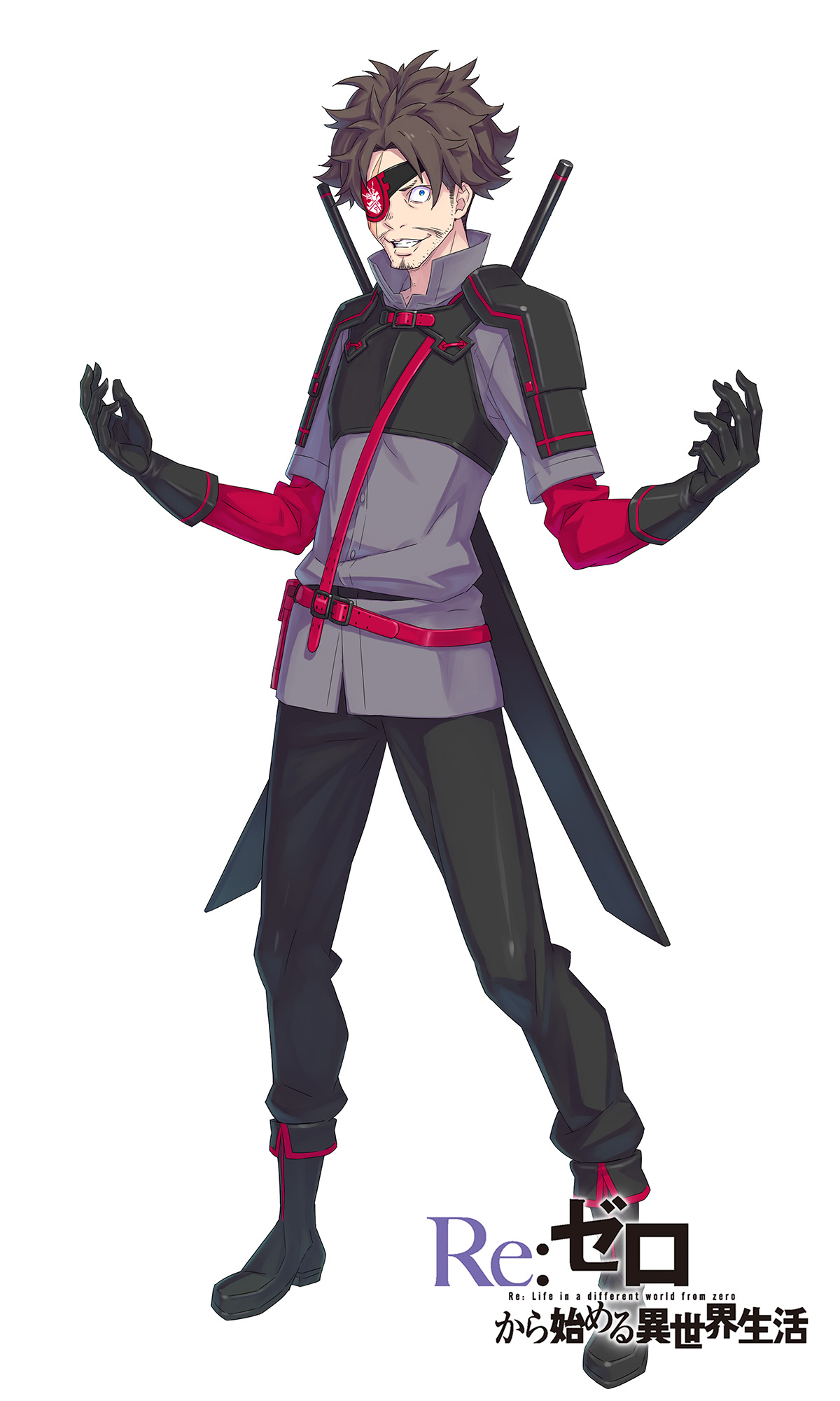 ootsuka shin'ichirou, re:zero kara hajimeru isekai seikatsu, commentary request, highres, official art, aqua eyes, armor, beard, belt, belt pouch, black armor, black boots, black gloves, black hair, black pants, boots, clenched teeth, copyright name, crazy smile, dual wielding, eyepatch, facial hair, full body, gloves, grey shirt, hands up, holding, holding sword, holding weapon, jamal aurelie, layered sleeves, long sleeves, looking at viewer, mustache, open hands, pants, pouch, purple belt, purple shirt, scabbard, sheath, sheathed, shirt, short hair, short over long sleeves, short sleeves, shoulder armor, simple background, smile, standing, stubble, sword, tachi-e, teeth, title, v-shaped eyebrows, weapon, white background, wide-eyed