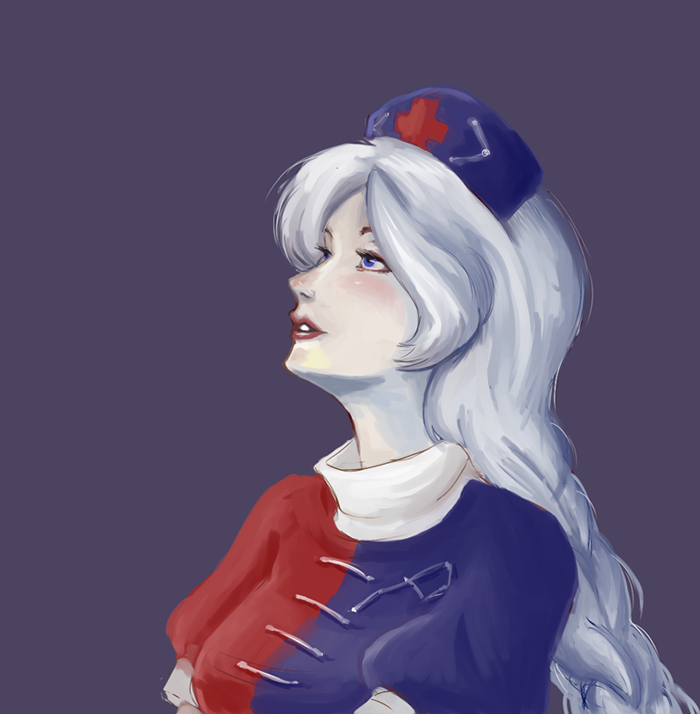 eventuality, yagokoro eirin, touhou, bad id, bad pixiv id, 1girl, blue eyes, blush, braid, breasts, female focus, hat, lips, looking up, nurse cap, puffy short sleeves, puffy sleeves, red lips, short sleeves, single braid, solo, upper body, white hair