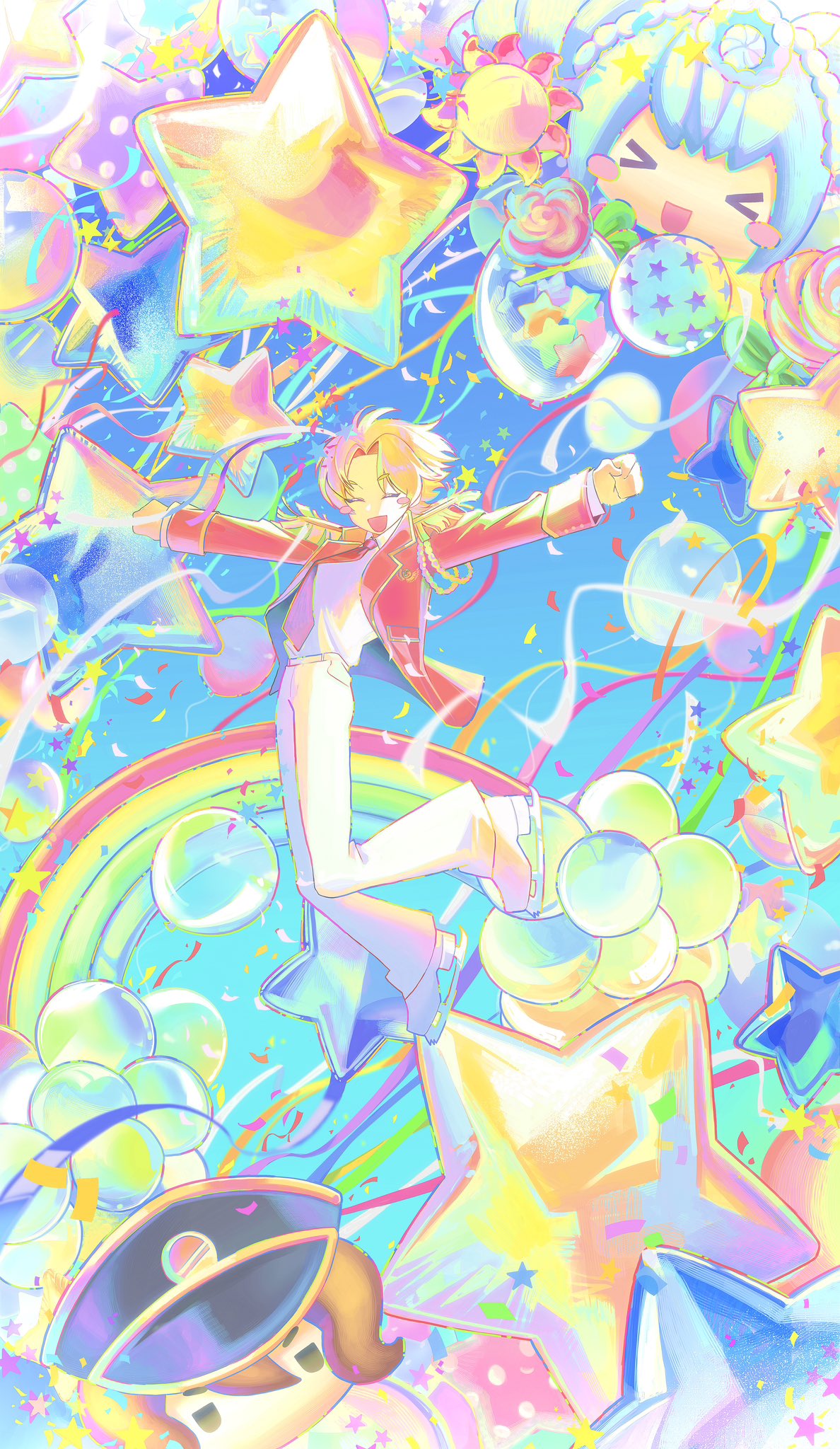 pretty rhythm, pretty series, commentary request, highres, korean commentary, 1boy, :d, blonde hair, blue sky, character doll, closed eyes, confetti, doll, full body, himuro hijiri, hyeki, ice skates, jacket, king of prism, male focus, norizuki jin, open mouth, outstretched arms, pants, rainbow, red jacket, shirt, shoes, short hair, skates, sky, smile, solo, spread arms, star balloon, streamers, too many balloons, white pants, white shirt, white shoes