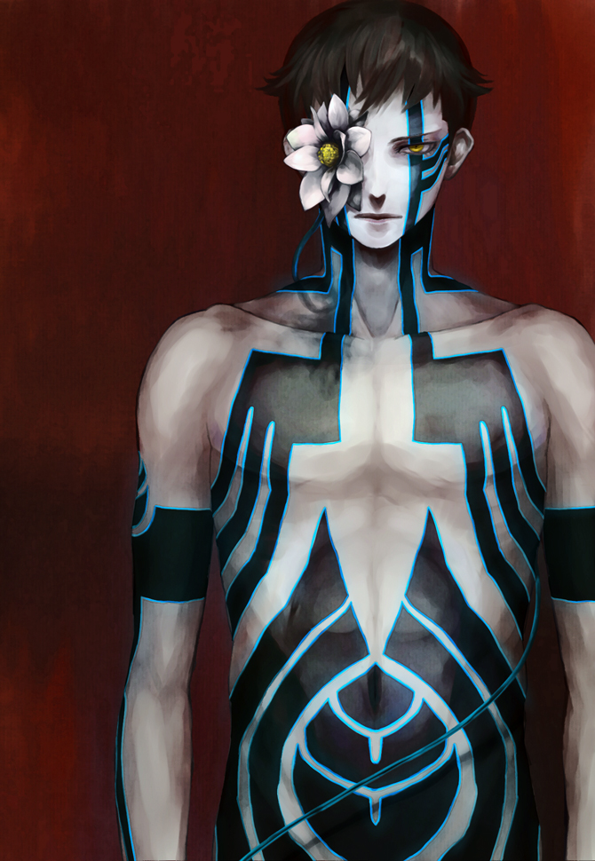 joka, joka (night gate), demi-fiend, shin megami tensei, shin megami tensei iii: nocturne, 1boy, arms at sides, black hair, cable, flower, flower over eye, male focus, one eye covered, red background, solo, tattoo, topless male