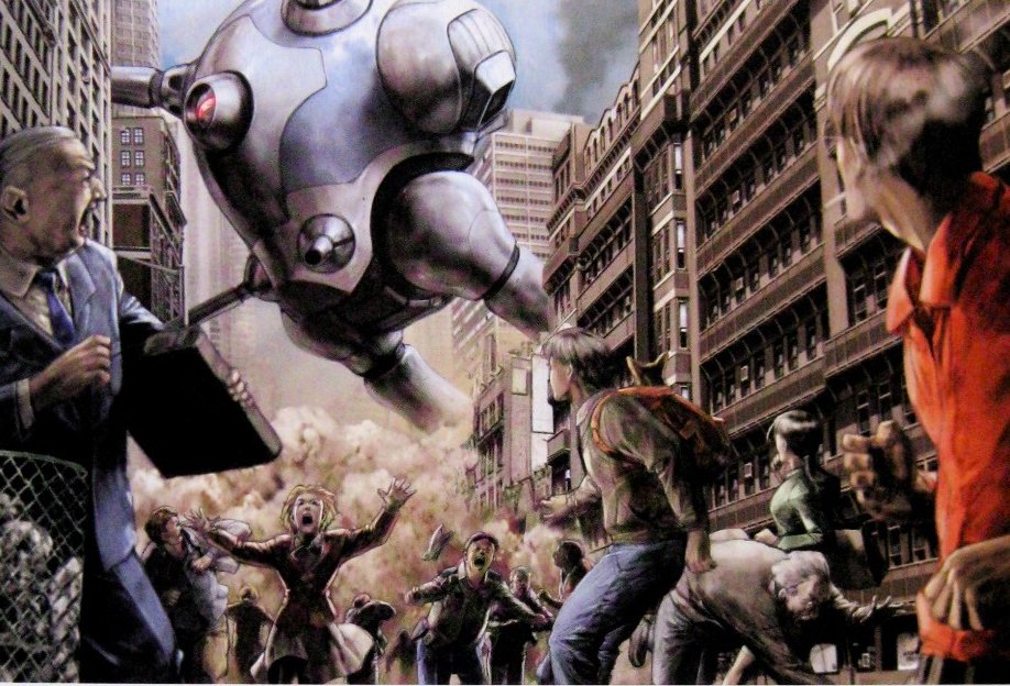 regult, zentradi, choujikuu yousai macross, macross, 1980s (style), 2girls, 6+boys, alien, backpack, bag, battle, city, crowd, epic, esbeliben, formal clothes, glasses, hat, mecha, multiple boys, multiple girls, necktie, non-humanoid robot, oldschool, open mouth, police, randoseru, retro artstyle, robot, ruins, running, scared, screaming, suit, trash can, walker (robot), wallet