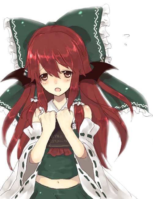 hakurei reimu, koakuma, embodiment of scarlet devil, touhou, 1girl, bat wings, bow, cosplay, detached sleeves, female focus, hair bow, hair ribbon, hair tubes, hakurei reimu (cosplay), head wings, japanese clothes, long hair, midriff, miko, navel, red eyes, red hair, ribbon, solo, wings