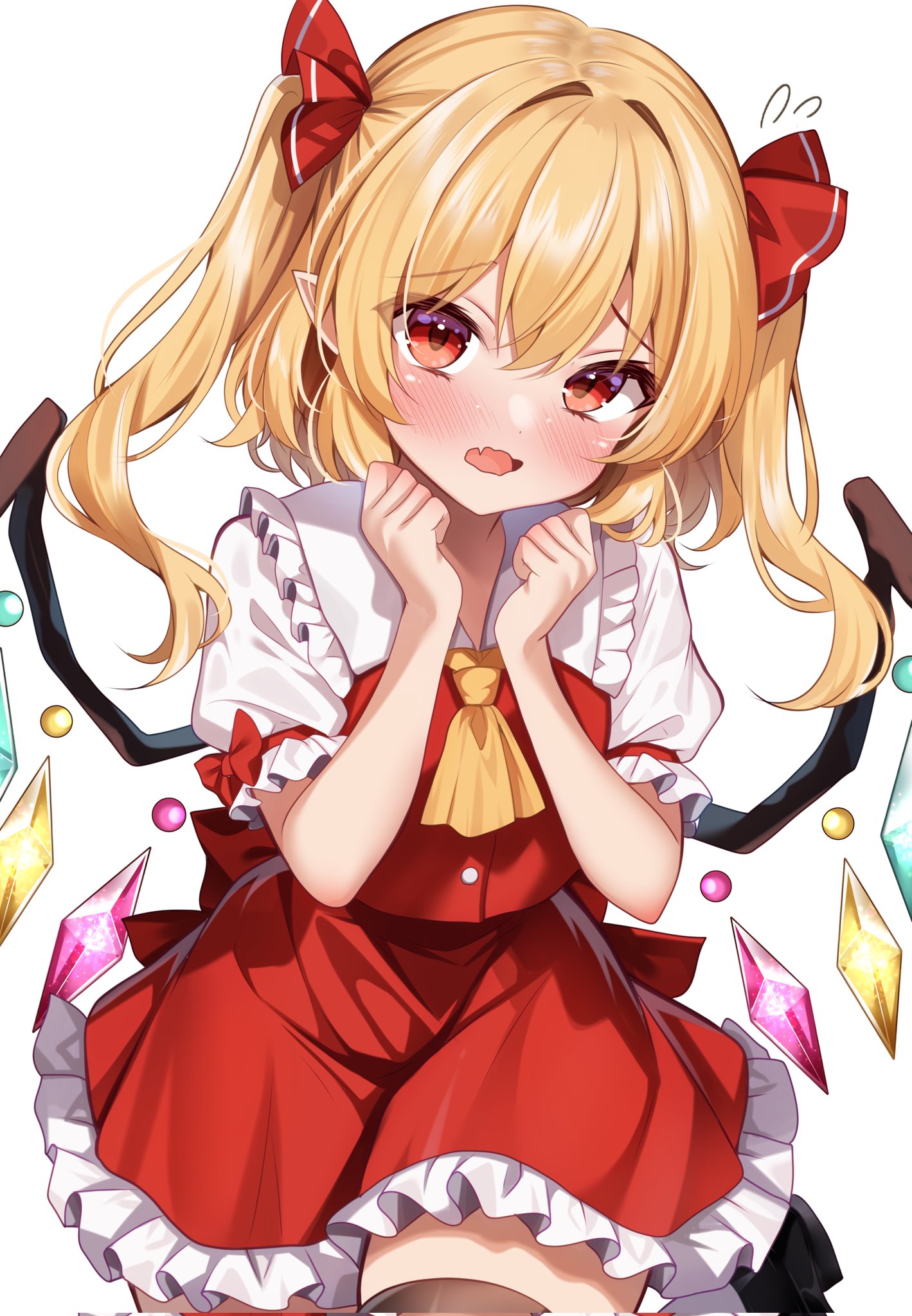 shirotsuki shirone, flandre scarlet, touhou, commentary request, corrupted twitter file, highres, 1girl, alternate hairstyle, ascot, back bow, black shoes, black thighhighs, blonde hair, blush, bow, clenched hands, cowboy shot, crystal wings, embarrassed, fang, flying sweatdrops, frilled shirt collar, frilled skirt, frills, hair between eyes, hair ribbon, hands up, long hair, looking at viewer, no headwear, open mouth, pointy ears, puffy short sleeves, puffy sleeves, red bow, red eyes, red ribbon, red skirt, red vest, ribbon, shirt, shoes, short sleeves, simple background, skin fang, skirt, sleeve ribbon, socks, solo, standing, standing on one leg, thighhighs, two side up, vest, white background, white shirt, white socks, wings, yellow ascot