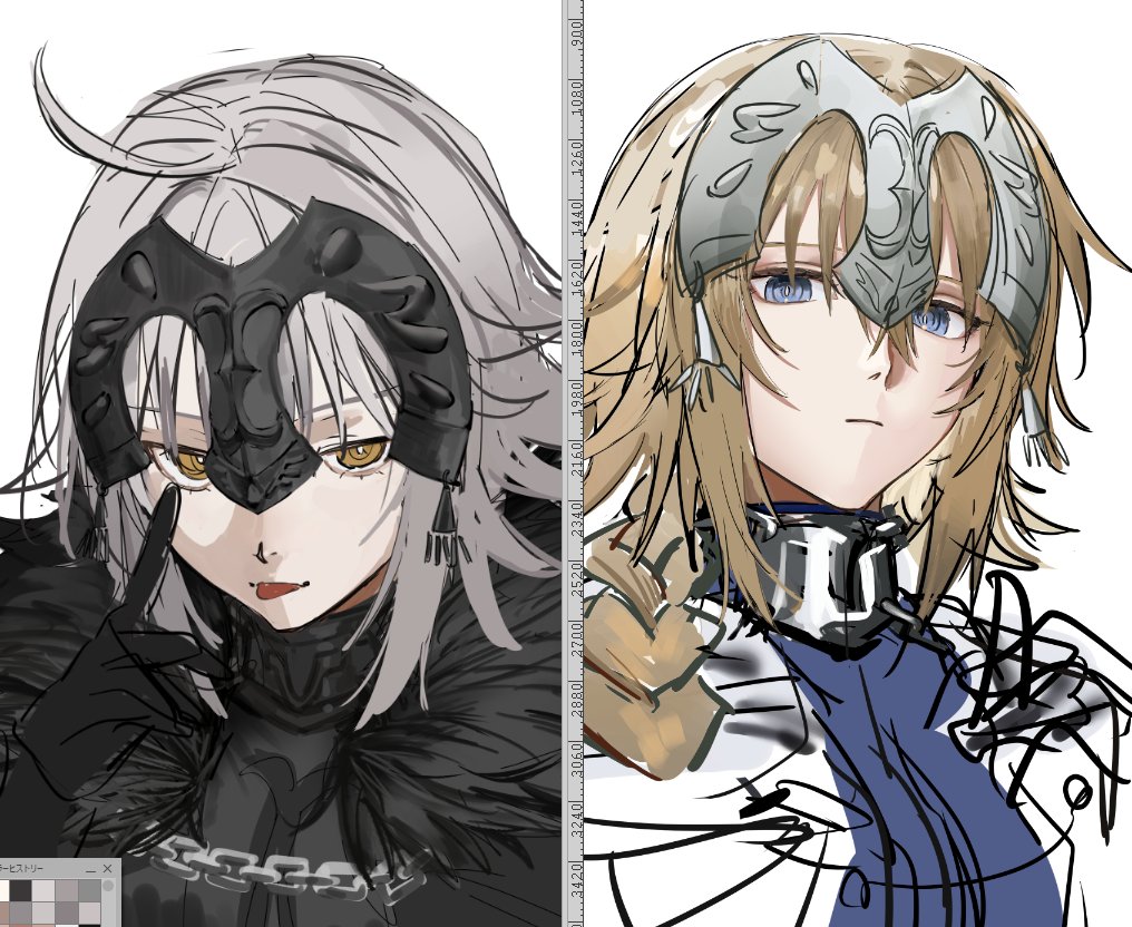 shiro (siro kuten), jeanne d'arc (fate), jeanne d'arc alter (fate), fate/grand order, fate (series), ahoge, blonde hair, blue eyes, chain, collar, fur trim, grey hair, metal collar, pale skin, ponytail, yellow eyes